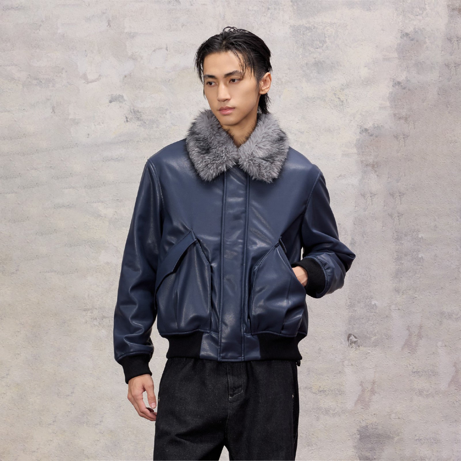 ALVNG AR ANTS Faux Fur Collar PU Jacket