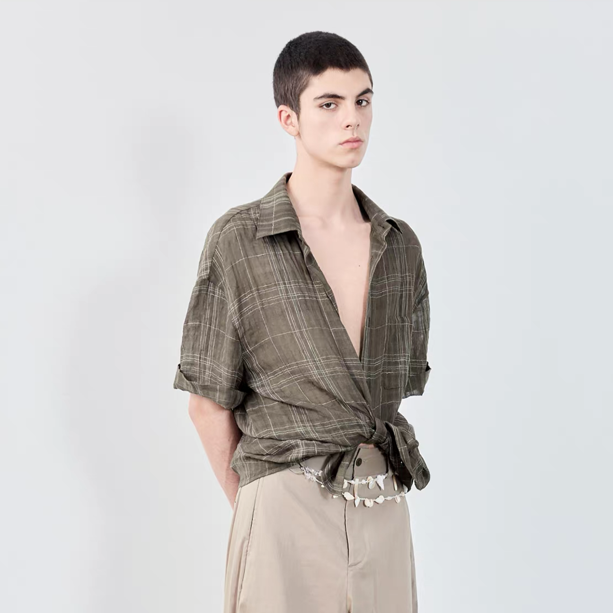 GRAINMUSTARD Linen-Cotton Plaid Half Shirt, premium urban and streetwear designers apparel on PROJECTISR.com, GRAINMUSTARD