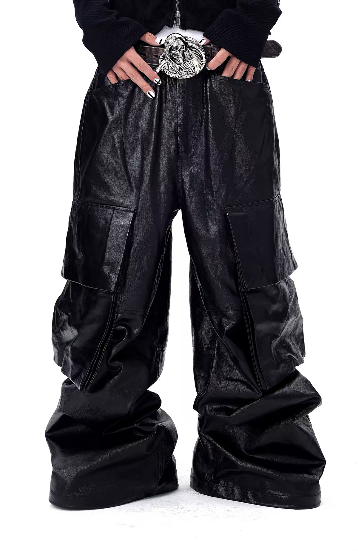 VANGUARDIA Coated Denim Multi-Pocket Wide-Leg Cargo Pants