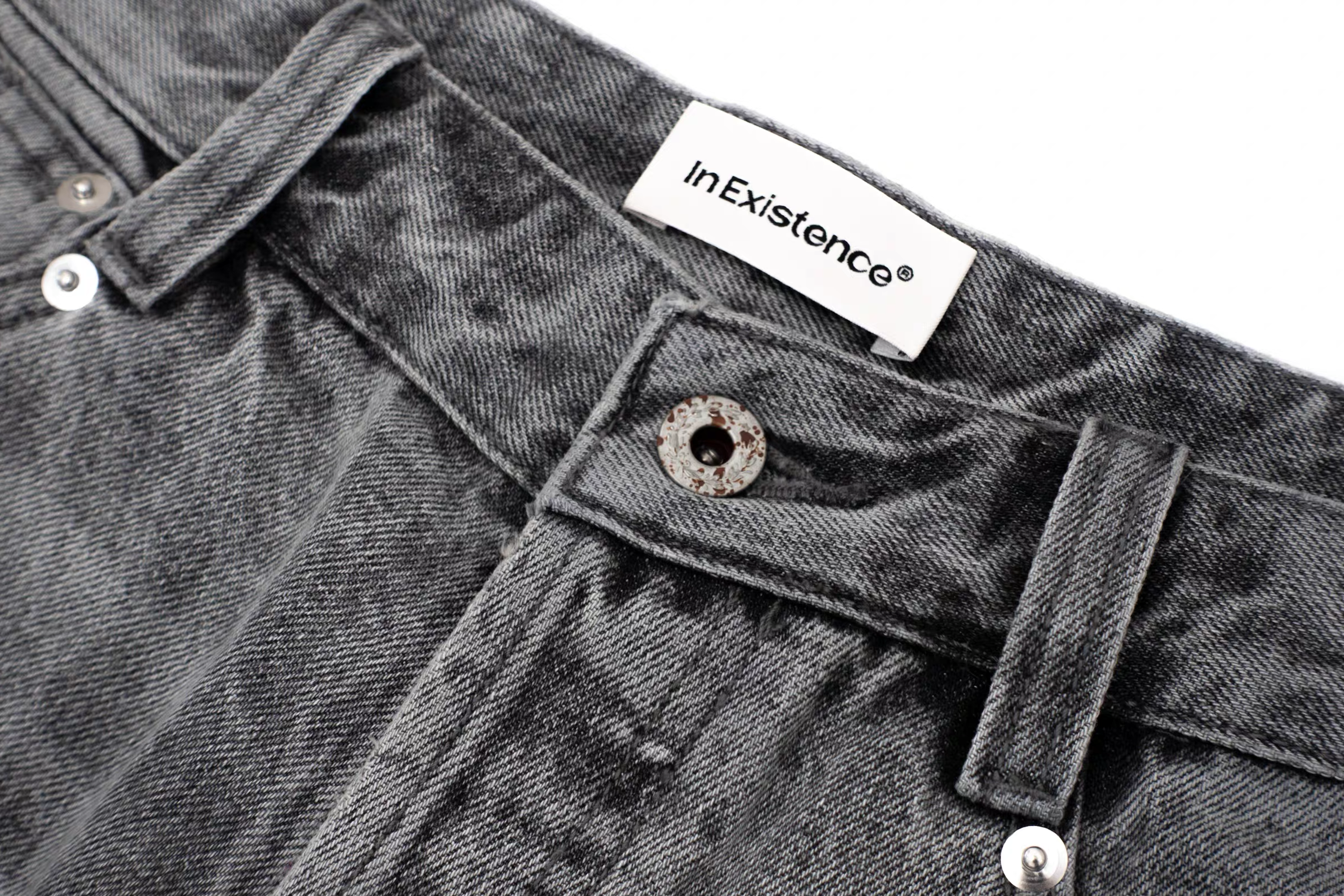 IN EXISTENCE x i Washed Lightning Fade Wide-Leg Jeans Gray, premium urban and streetwear designers apparel on PROJECTISR.com, IN EXISTENCE