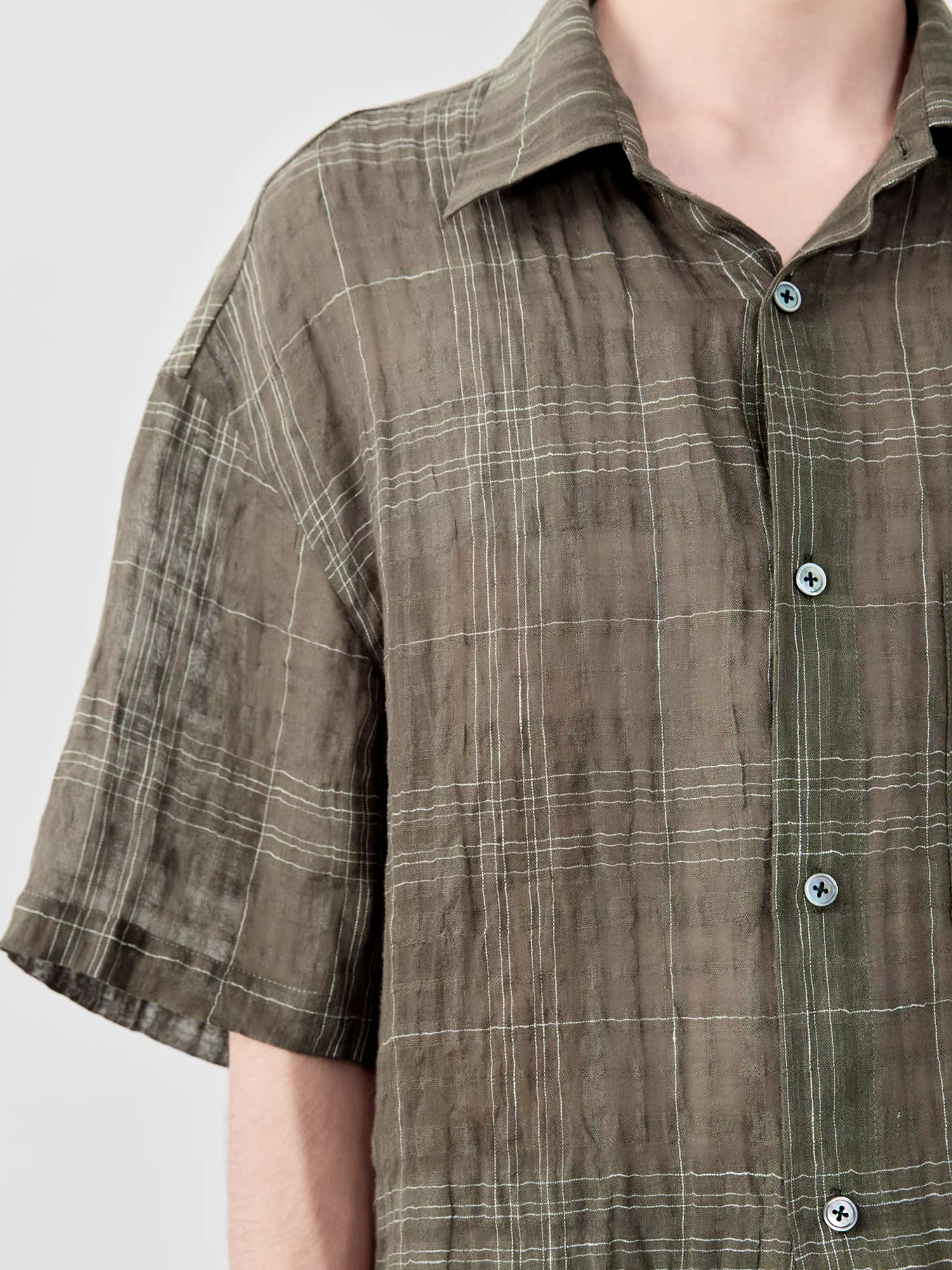 GRAINMUSTARD Linen-Cotton Plaid Half Shirt, premium urban and streetwear designers apparel on PROJECTISR.com, GRAINMUSTARD