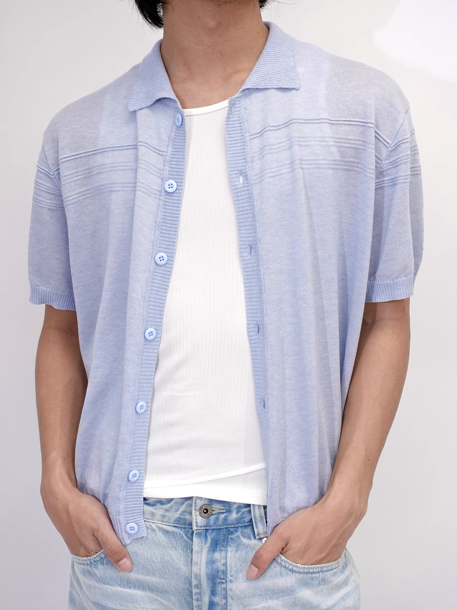 IN EXISTENCE Jacquard-Trim Wool-Blend Knit Half Shirt, premium urban and streetwear designers apparel on PROJECTISR.com, IN EXISTENCE