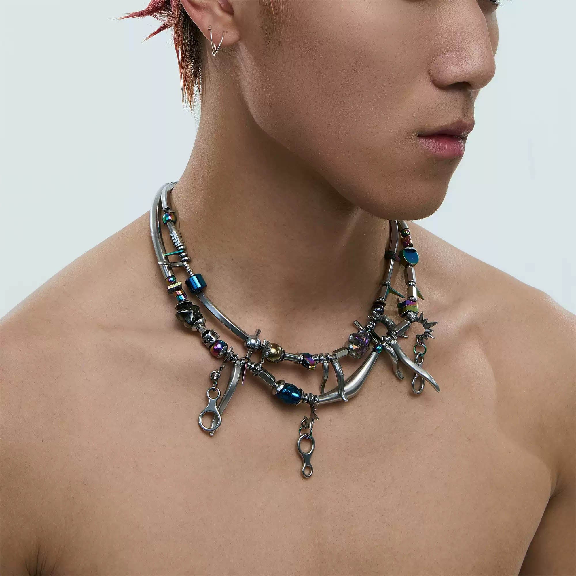 ILLUSORY Wavy Spliced Hardware Beaded Necklace, premium urban and streetwear designers apparel on PROJECTISR.com, ILLUSORY