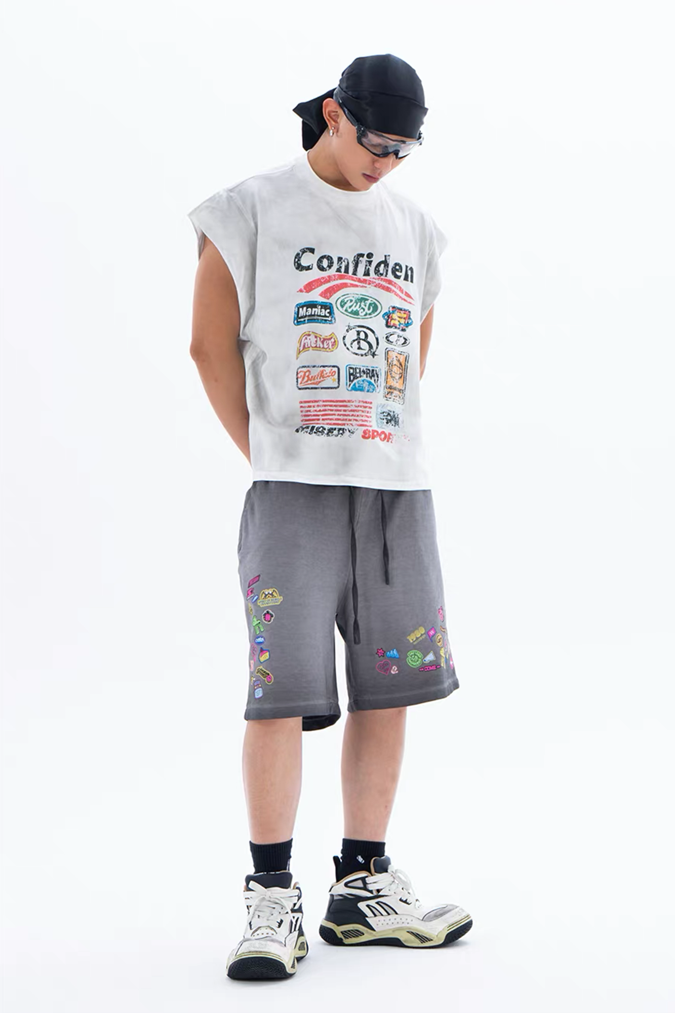 CLP Retro Gradient Badge Graphic Drawstring Shorts