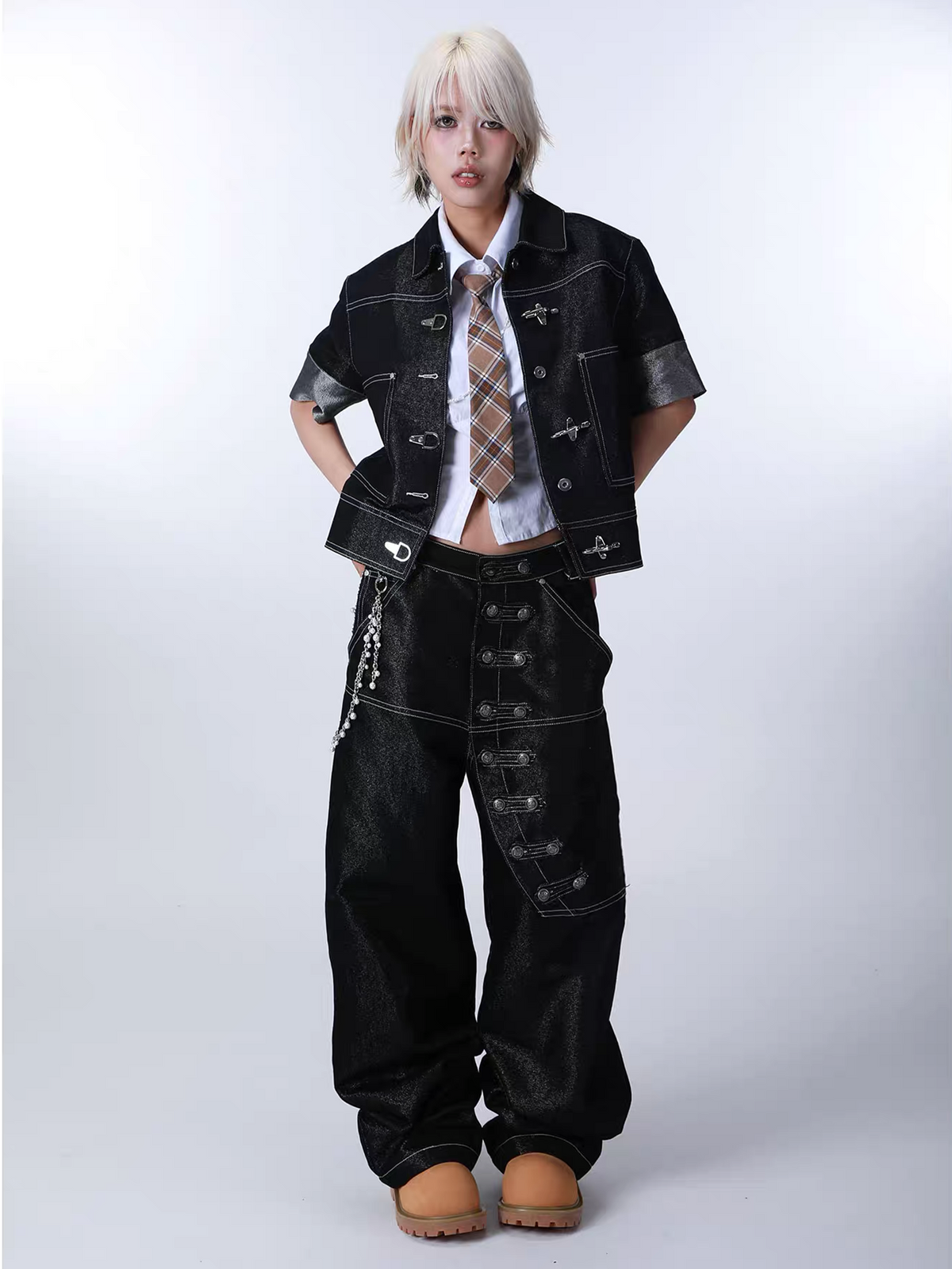 SEXXDEVIL Napoleon-Button Paneled Metallic Denim Jeans