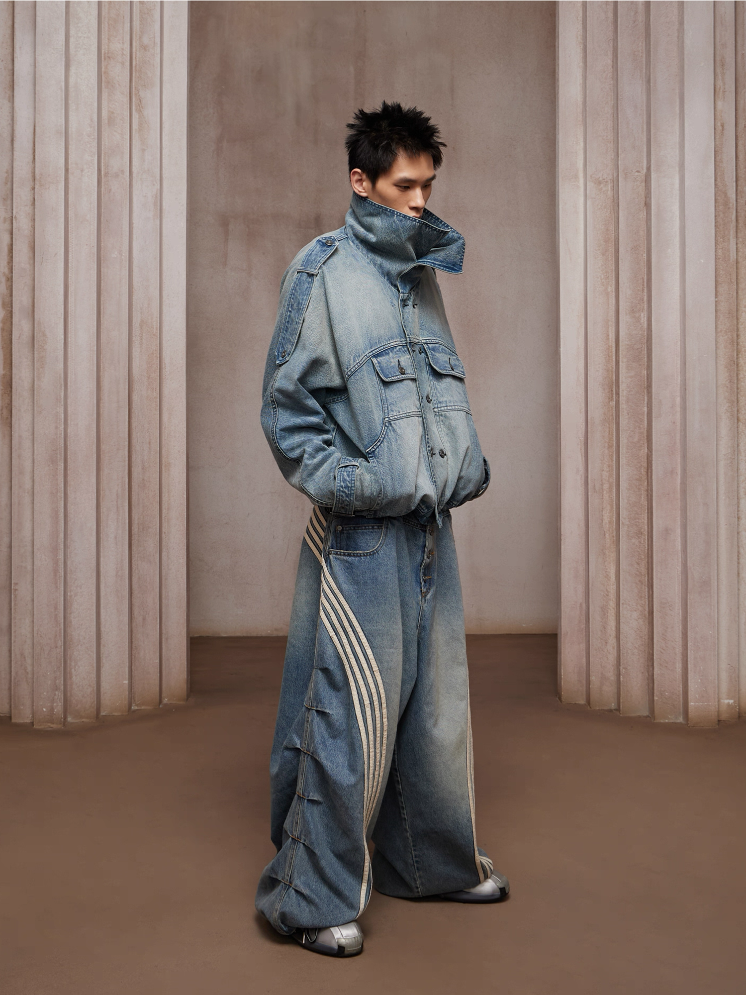 DND4DES Washed Double-Breasted Multi-Pocket Denim Bomber