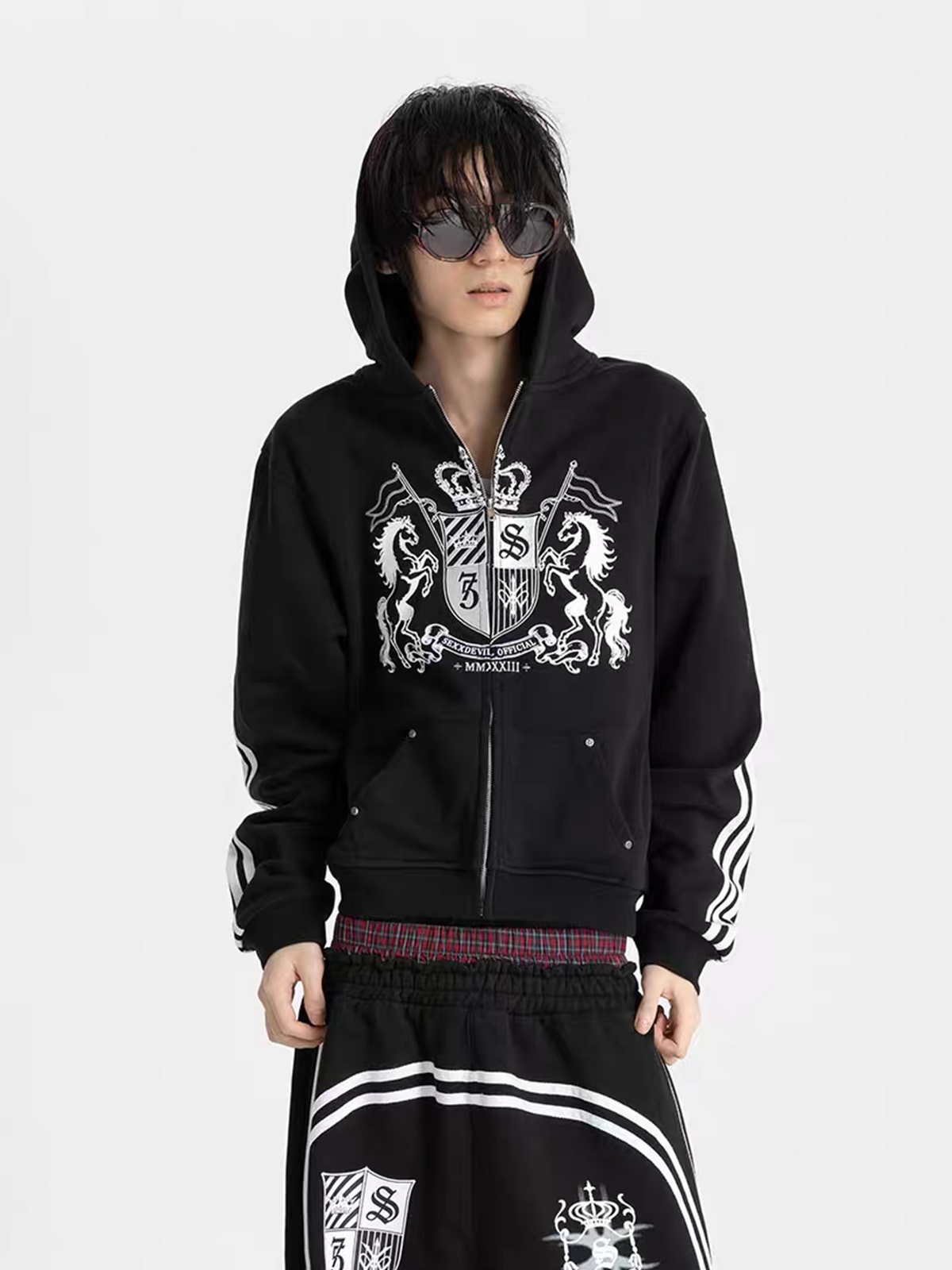 SEXXDEVIL Striped Embroidered Zip-Up Hoodie