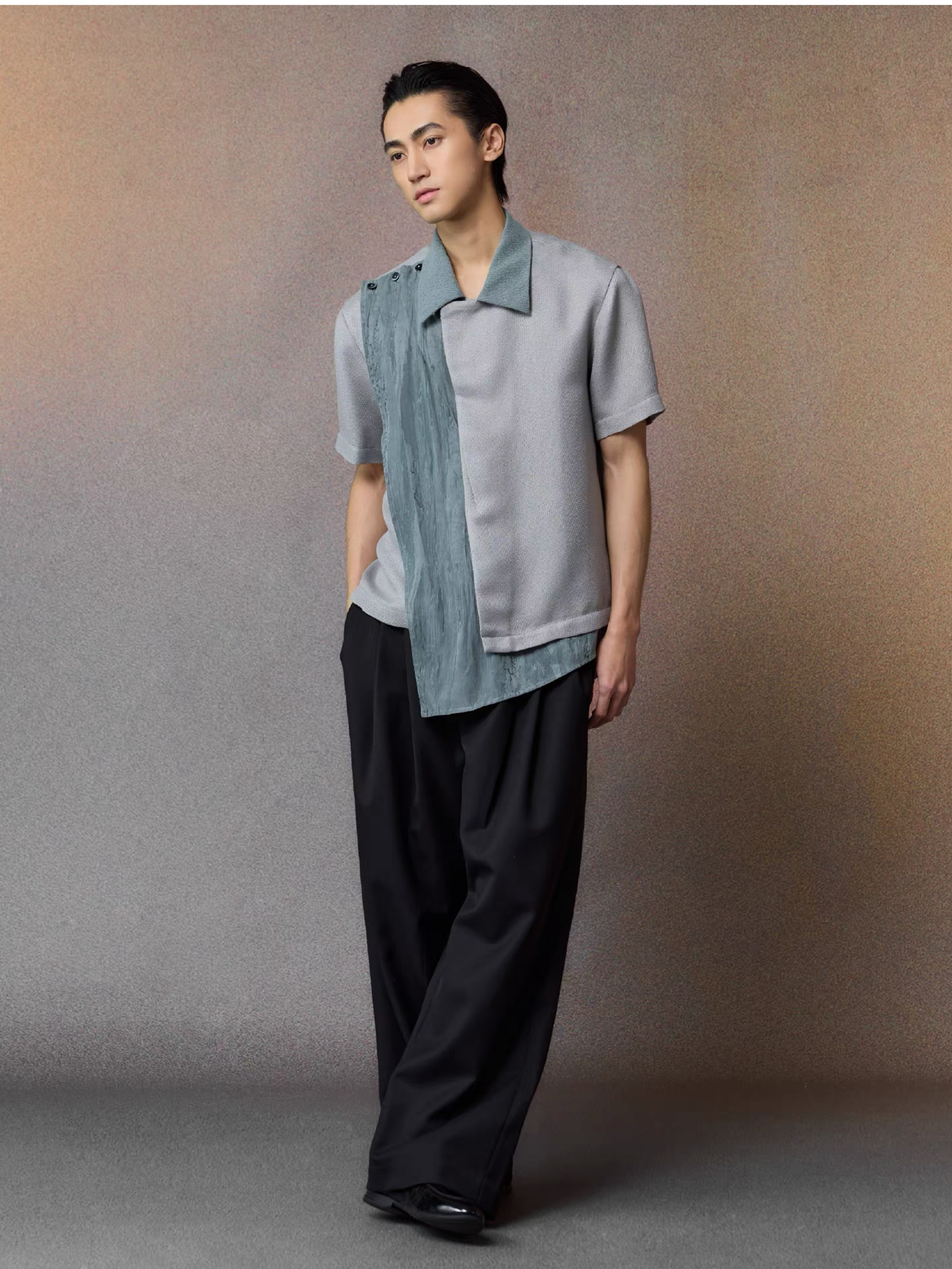 ALVNG AR ANTS Asymmetrical Contrast Spliced Linen Half Shirt, premium urban and streetwear designers apparel on PROJECTISR.com, ALVNG AR ANTS