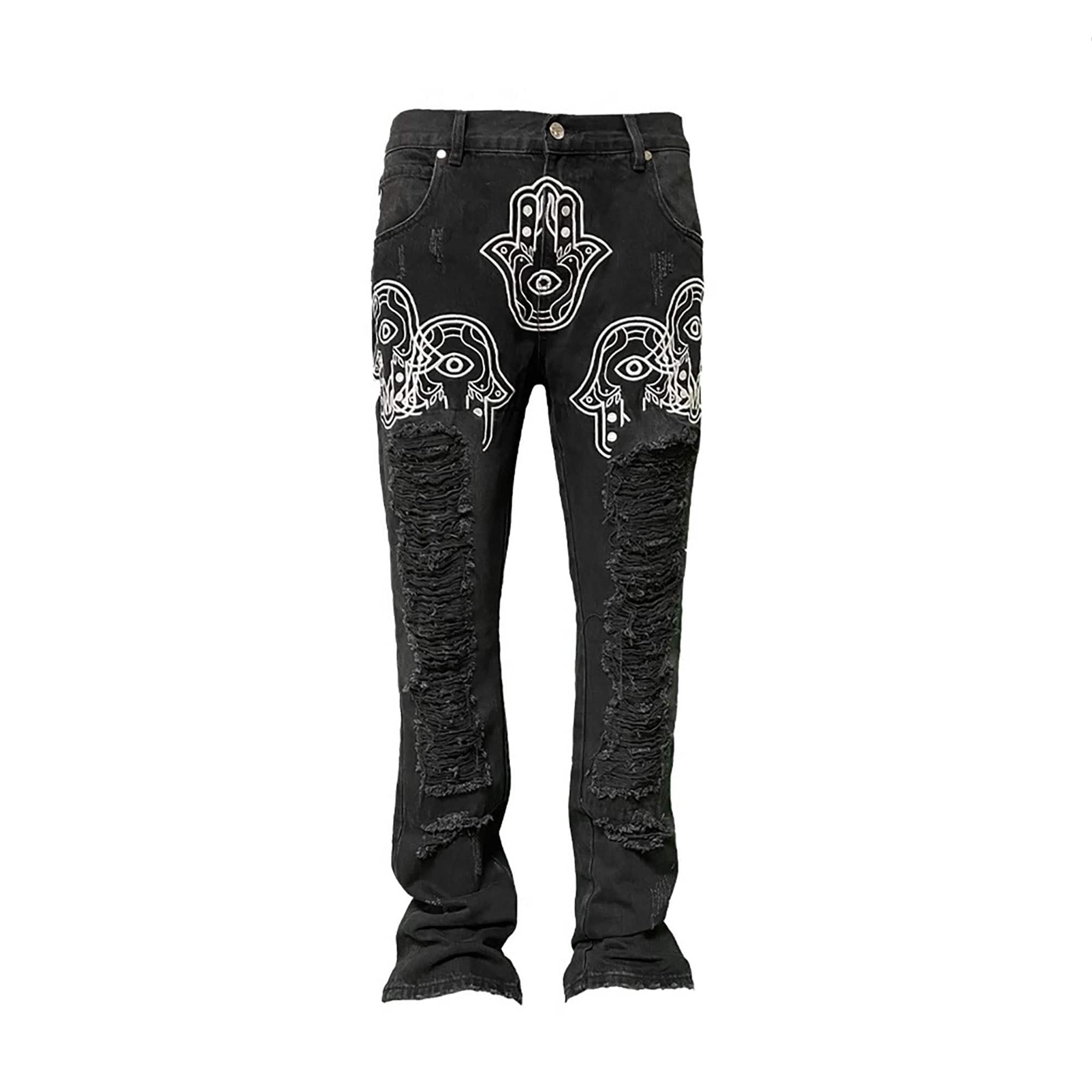 VINKID Hamsa Embroidered Double-Layer Ripped Stacked Jeans, premium urban and streetwear designers apparel on PROJECTISR.com, VINKID