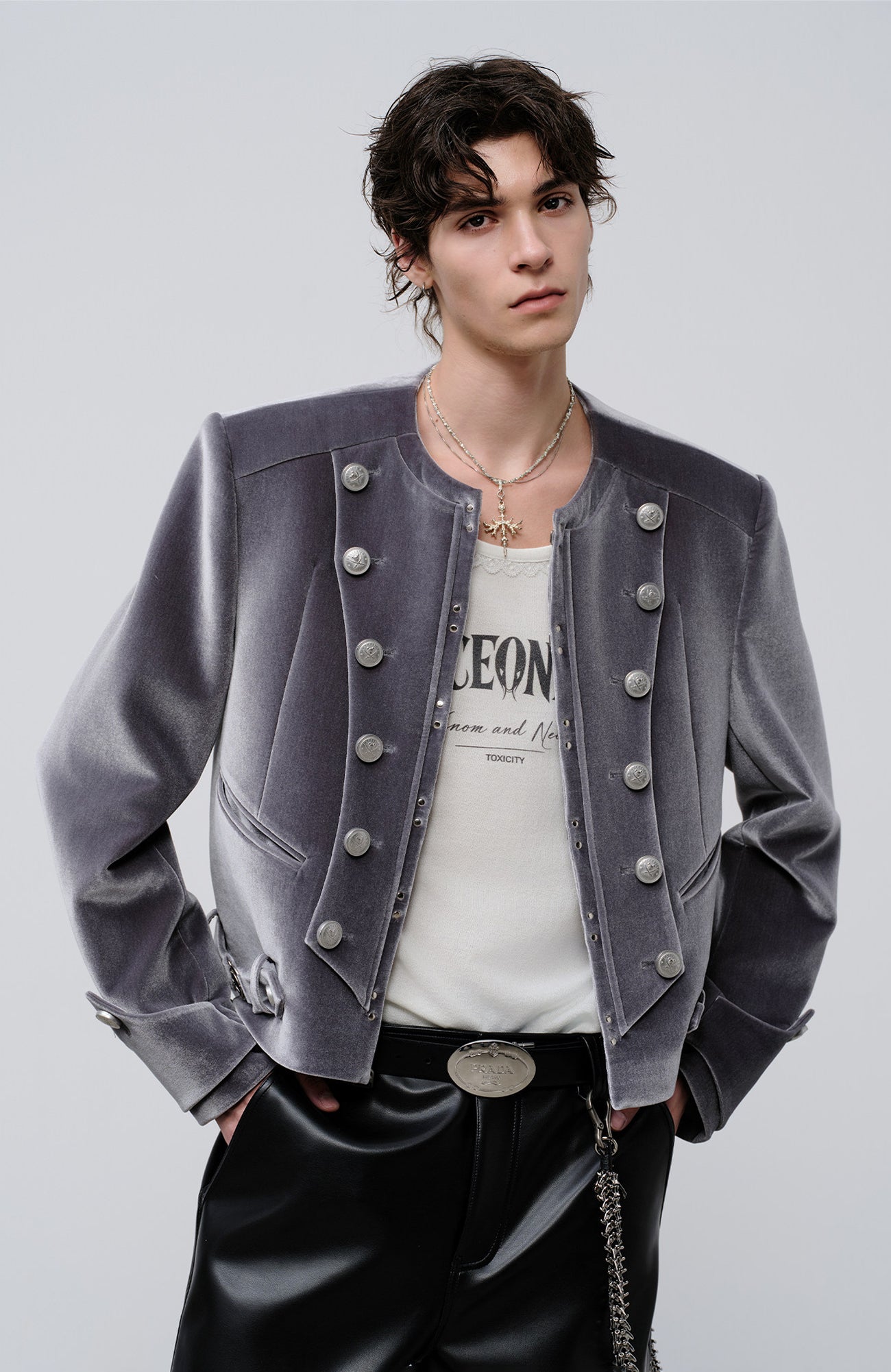 FACEONLAB Velvet Operatic Cropped Jacket Gray, premium urban and streetwear designers apparel on PROJECTISR.com, FACEONLAB