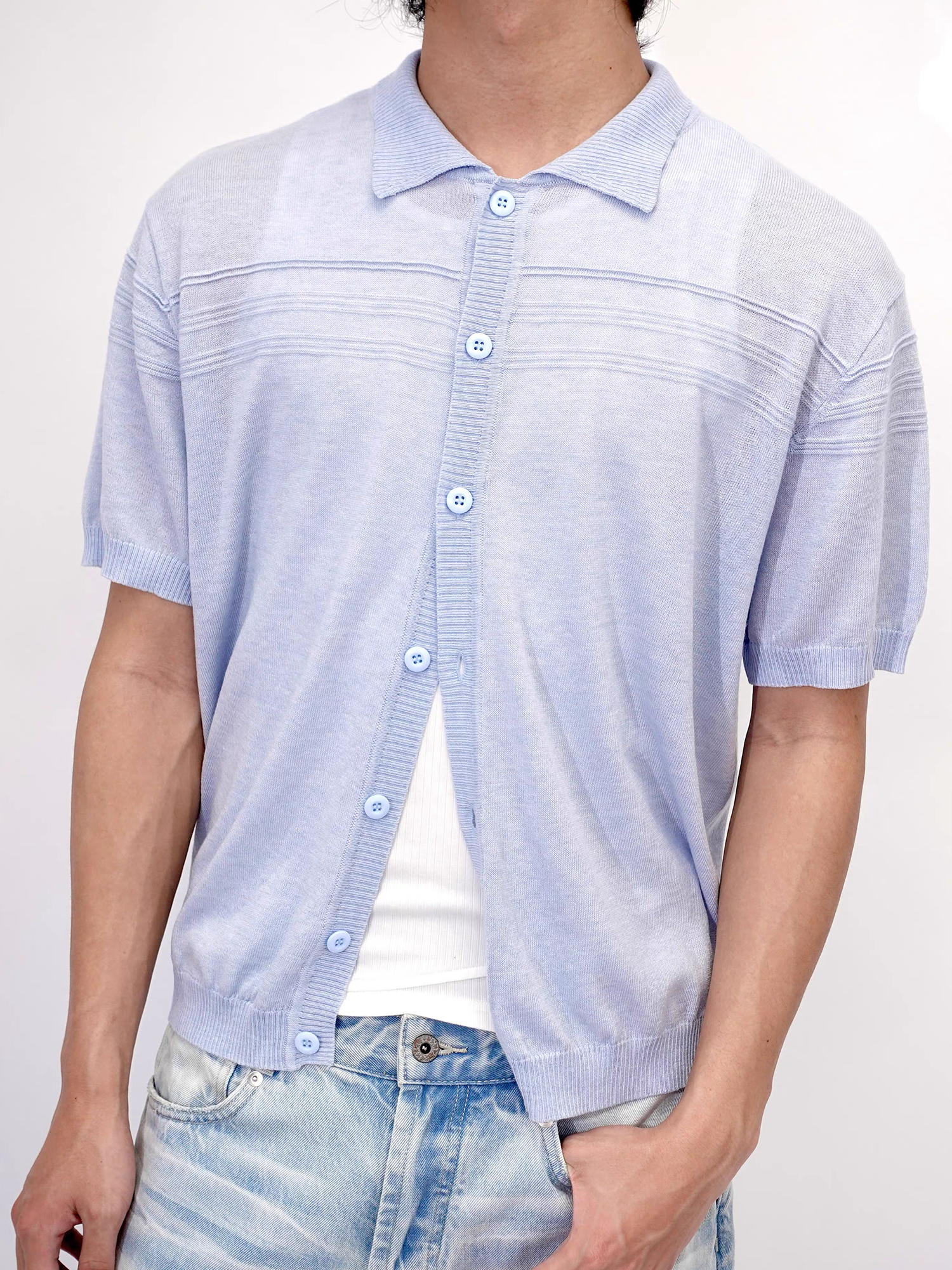 IN EXISTENCE Jacquard-Trim Wool-Blend Knit Half Shirt, premium urban and streetwear designers apparel on PROJECTISR.com, IN EXISTENCE
