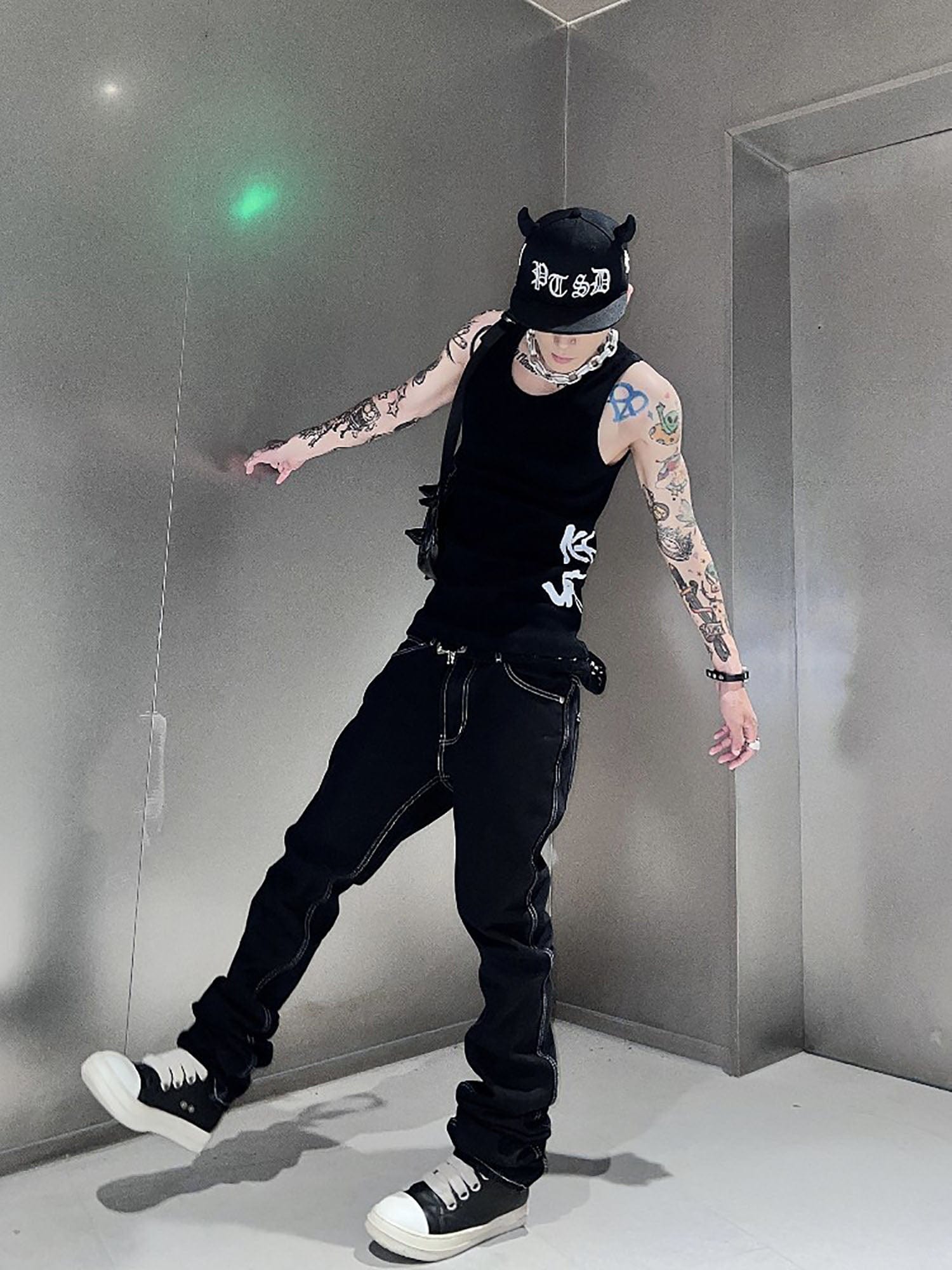 VINKID Embroidered Contrast Stitch Stacked Skinny Jeans, premium urban and streetwear designers apparel on PROJECTISR.com, VINKID