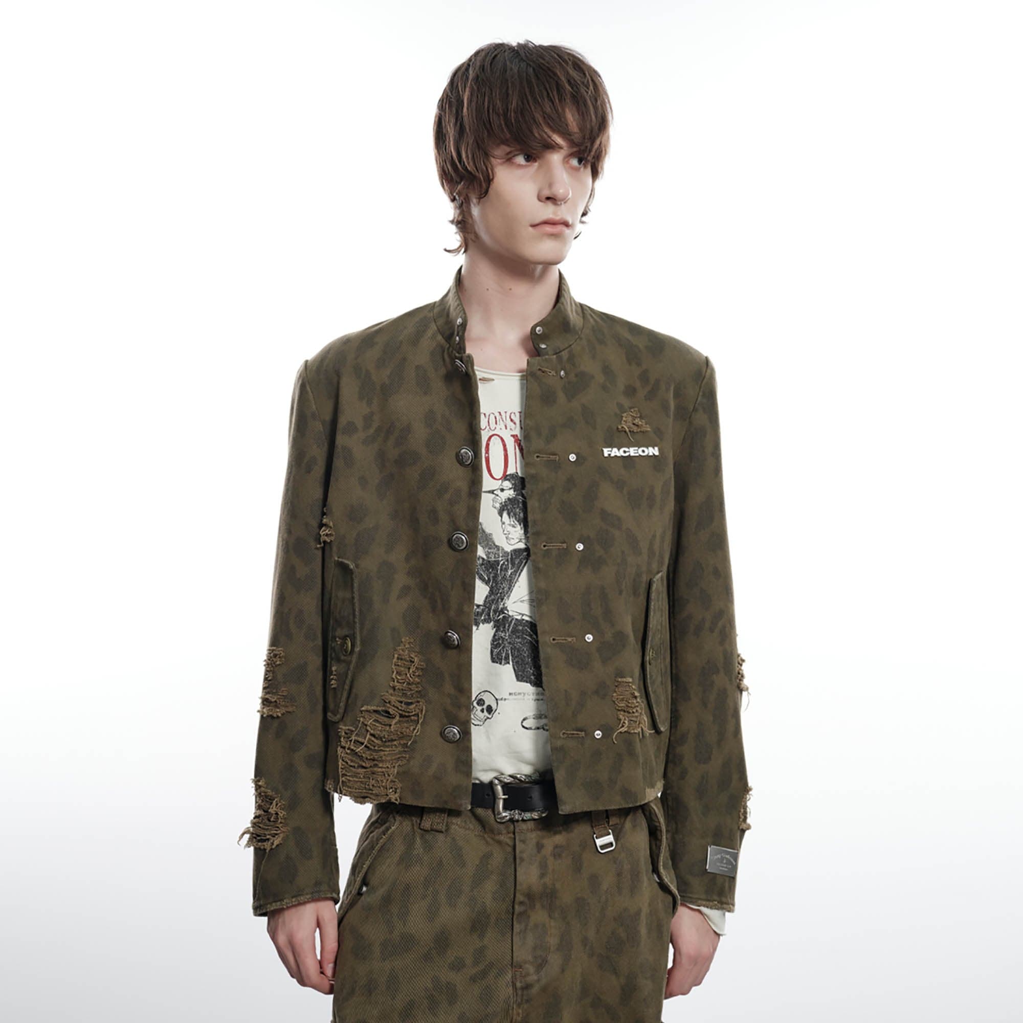FACEONLAB Camo Leopard Ripped Stand Collar Jacket, premium urban and streetwear designers apparel on PROJECTISR.com, FACEONLAB