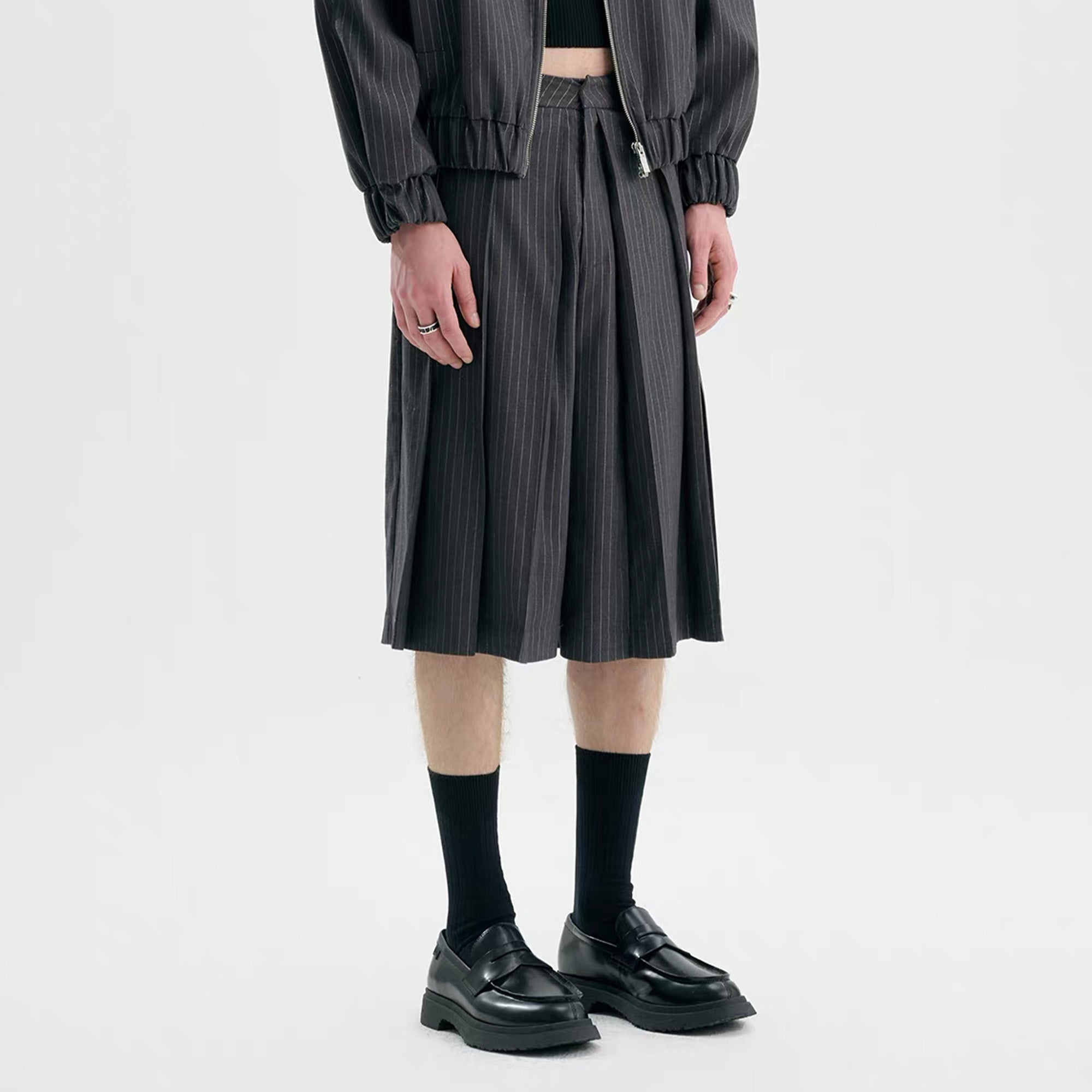 TIWILLTANG Pleated Pinstripe Skirt Shorts, premium urban and streetwear designers apparel on PROJECTISR.com, TIWILLTANG
