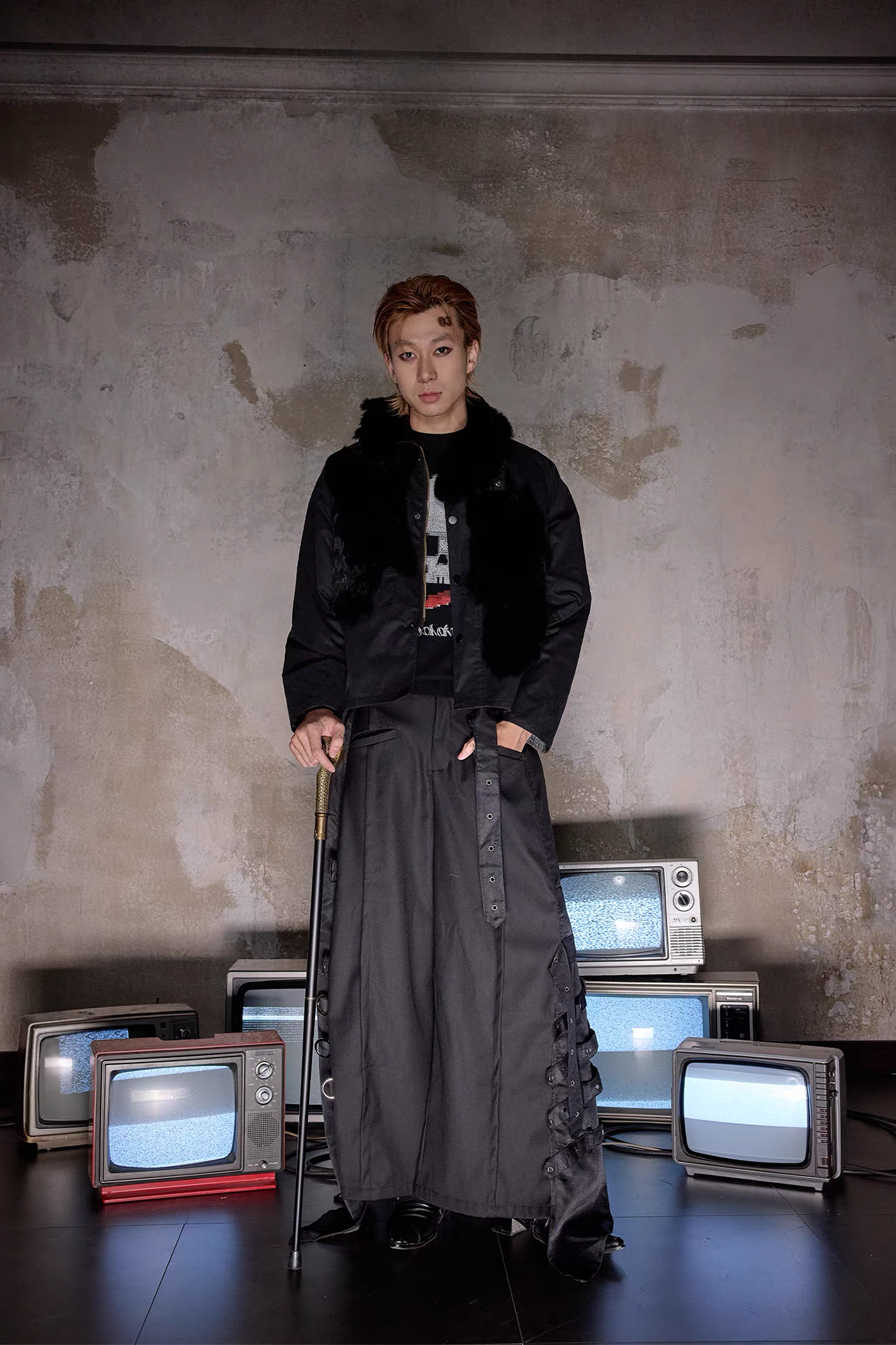 NOTHINGNESS WORLD Mottled Faux Fur Collar Snap-Button Jacket, premium urban and streetwear designers apparel on PROJECTISR.com, NOTHINGNESS WORLD