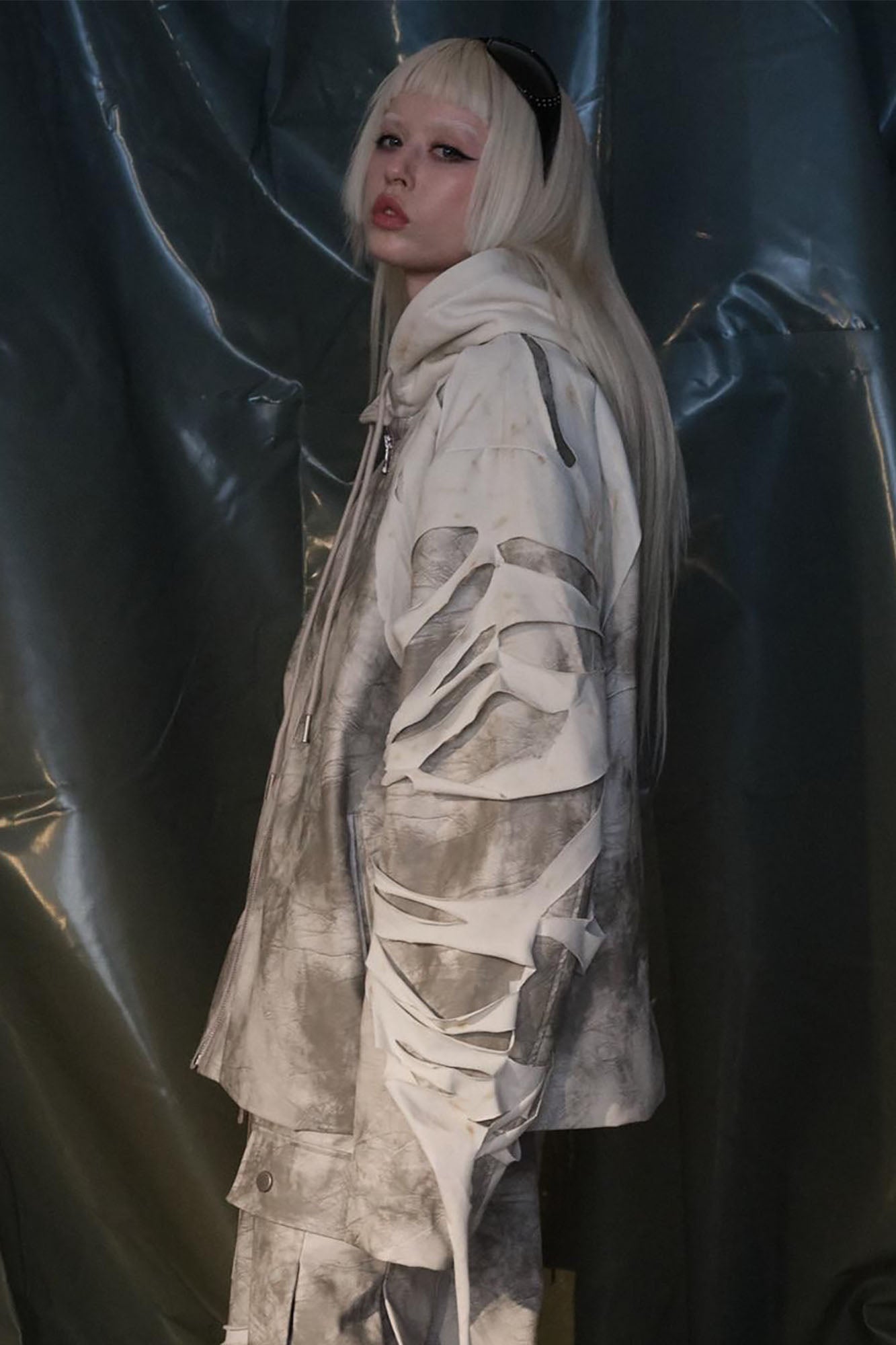 RECOVER ZONE Distressed Slashed PU Layered Hooded Jacket