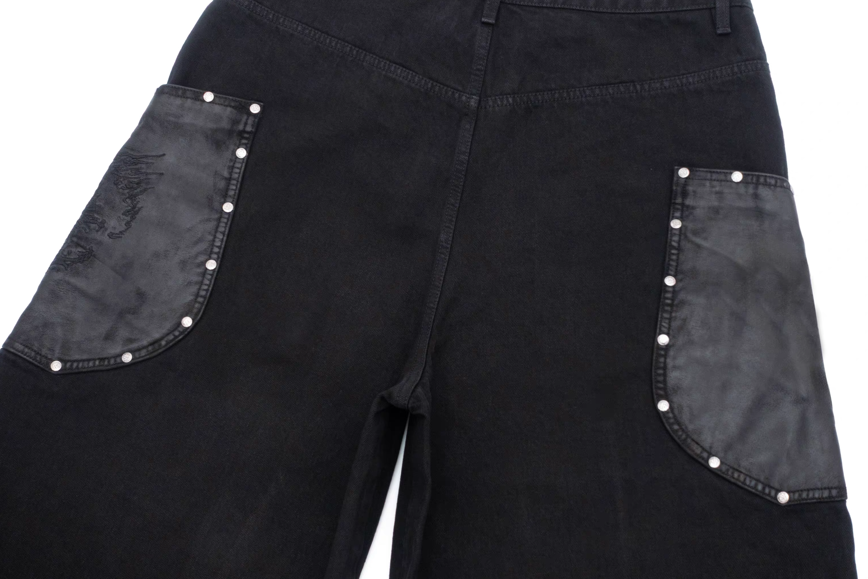 IN EXISTENCE Washed Rivet-Trim Patch Denim Shorts, premium urban and streetwear designers apparel on PROJECTISR.com, IN EXISTENCE