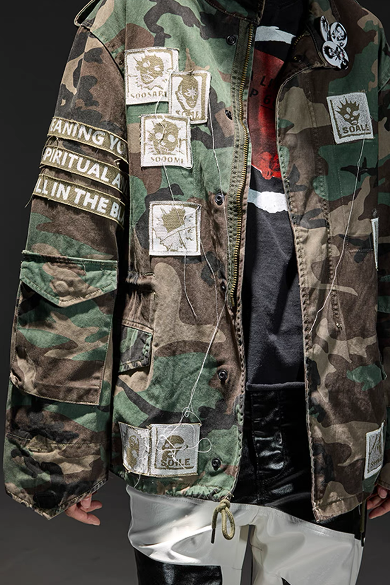 NOTHINGNESS WORLD Slogan Patchwork Multi-Pocket Utility Jacket, premium urban and streetwear designers apparel on PROJECTISR.com, NOTHINGNESS WORLD