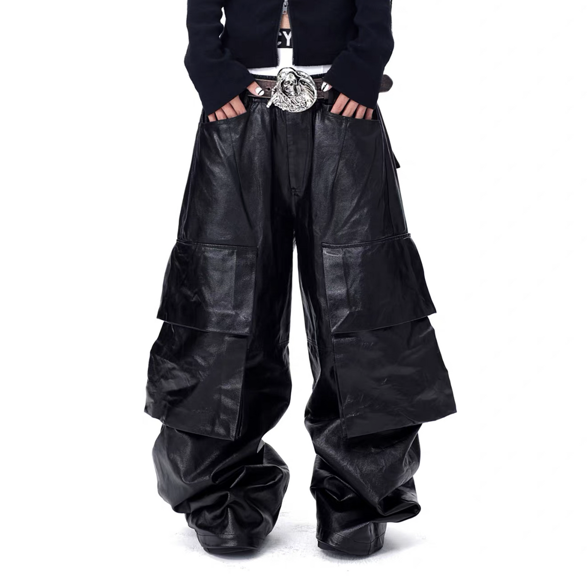 VANGUARDIA Coated Denim Multi-Pocket Wide-Leg Cargo Pants