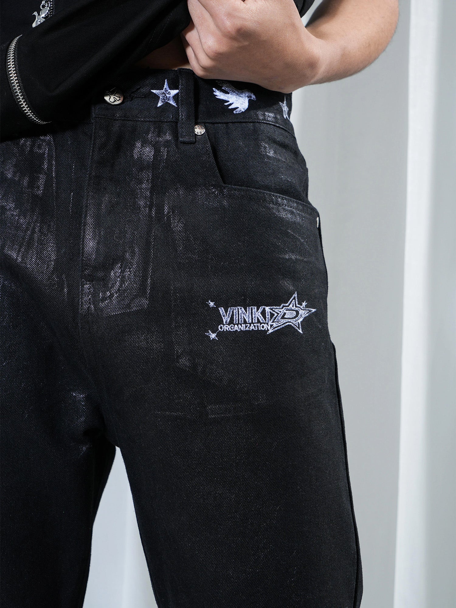 VINKID Star Graphic Crackle Waxed Jeans, premium urban and streetwear designers apparel on PROJECTISR.com, VINKID