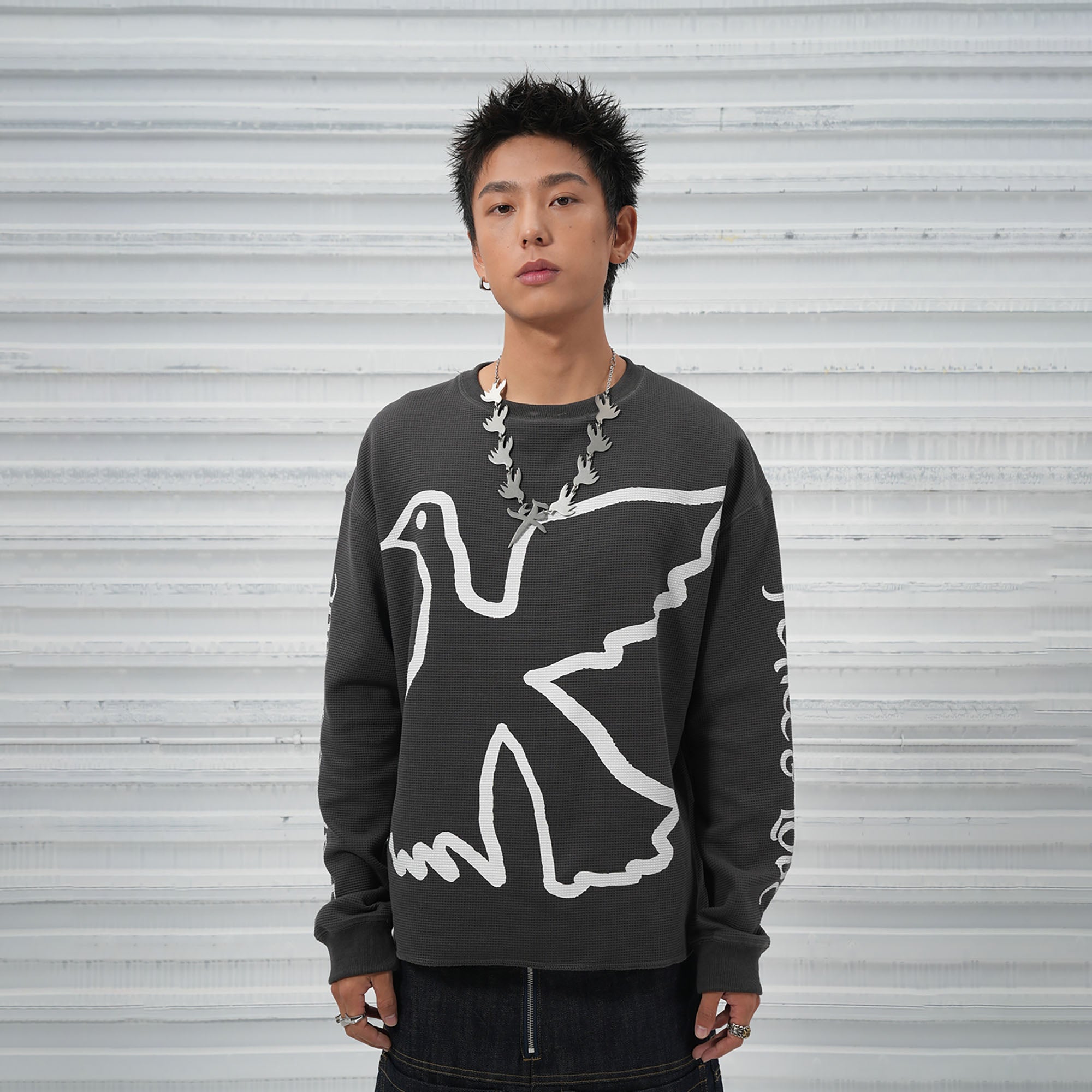 VINKID Pigeon Graphic Waffle Sweatshirt, premium urban and streetwear designers apparel on PROJECTISR.com, VINKID
