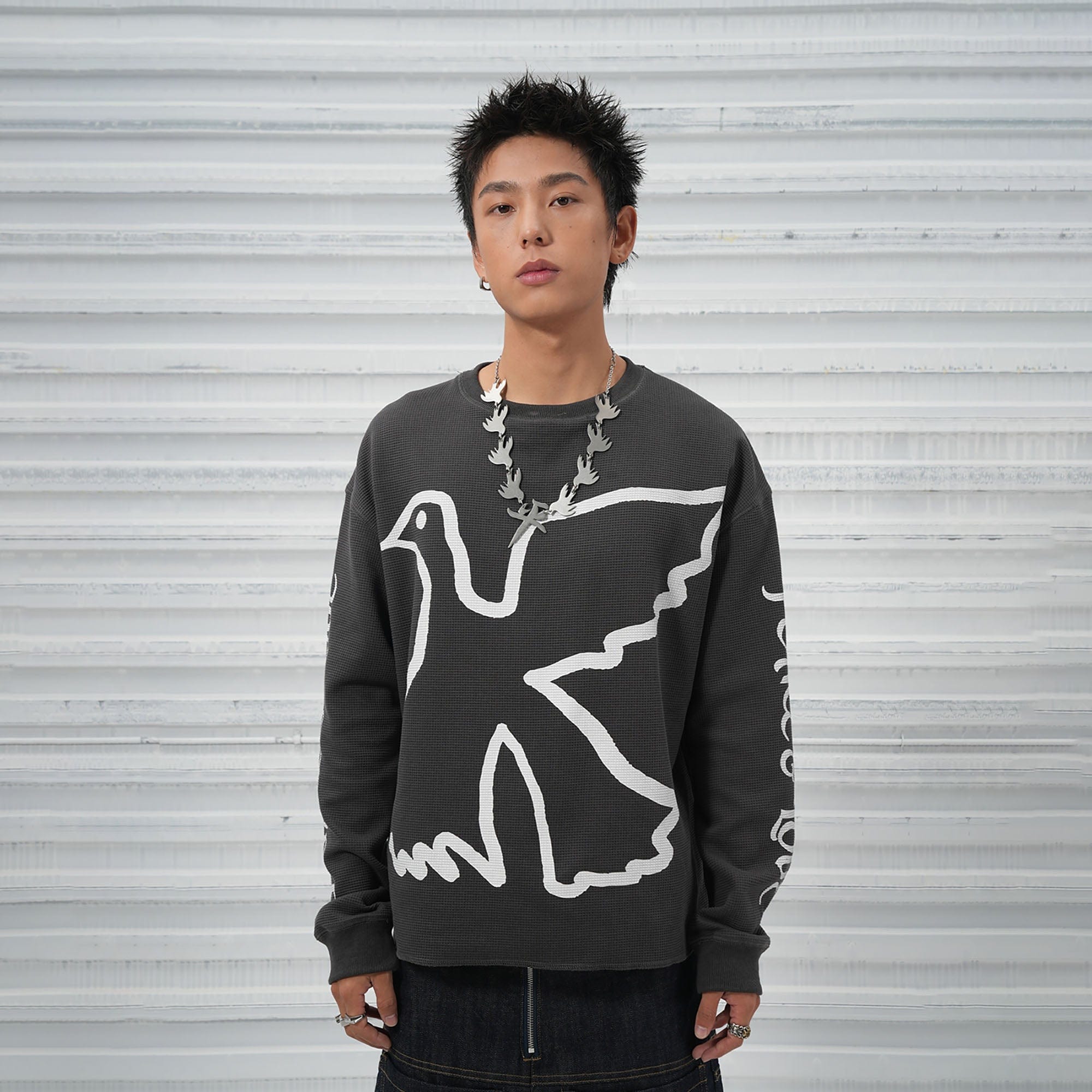 VINKID Pigeon Graphic Waffle Sweatshirt, premium urban and streetwear designers apparel on PROJECTISR.com, VINKID