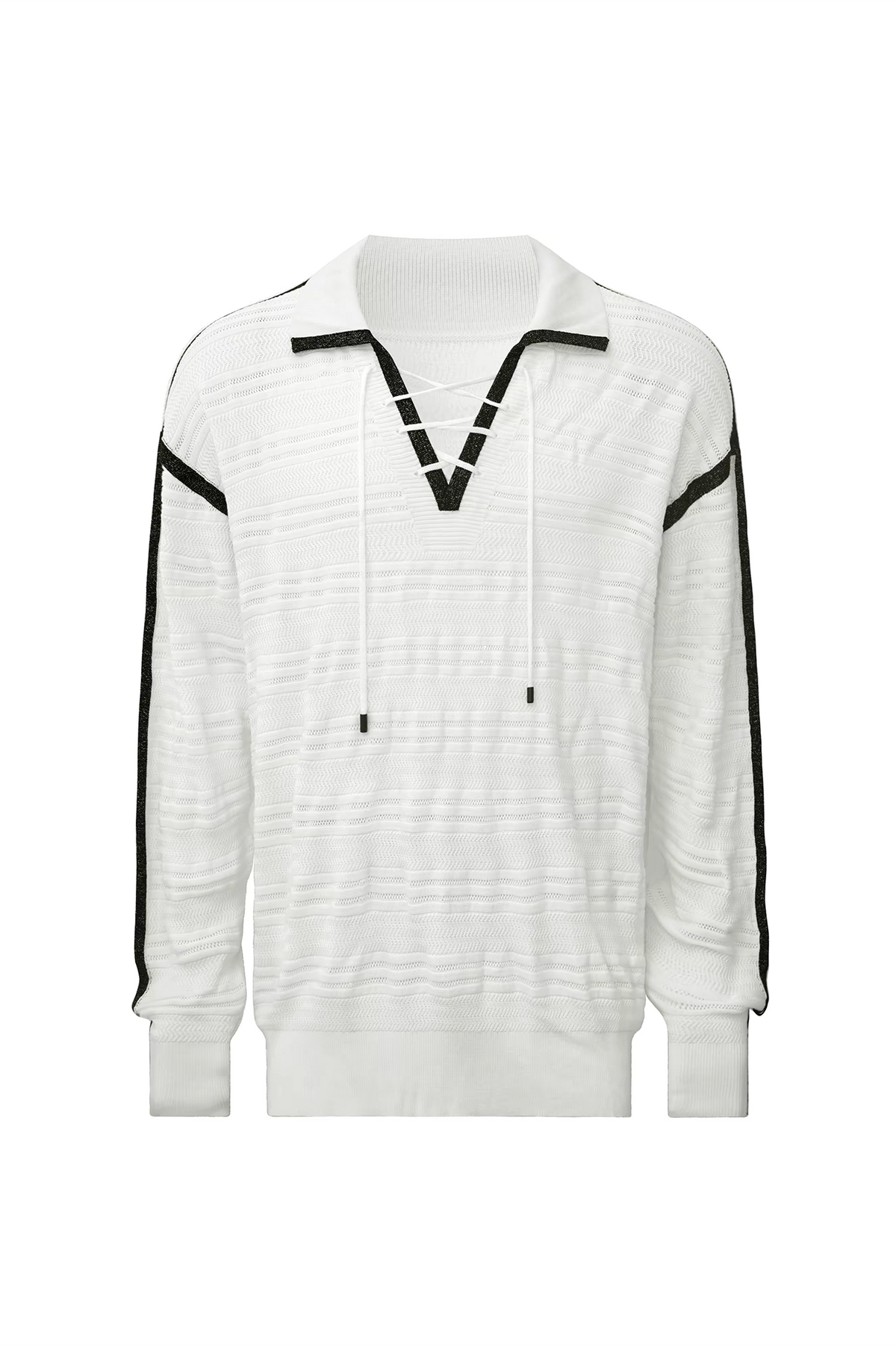 TIWILLTANG Contrast Striped Lace-Up Collar Pullover Sweater