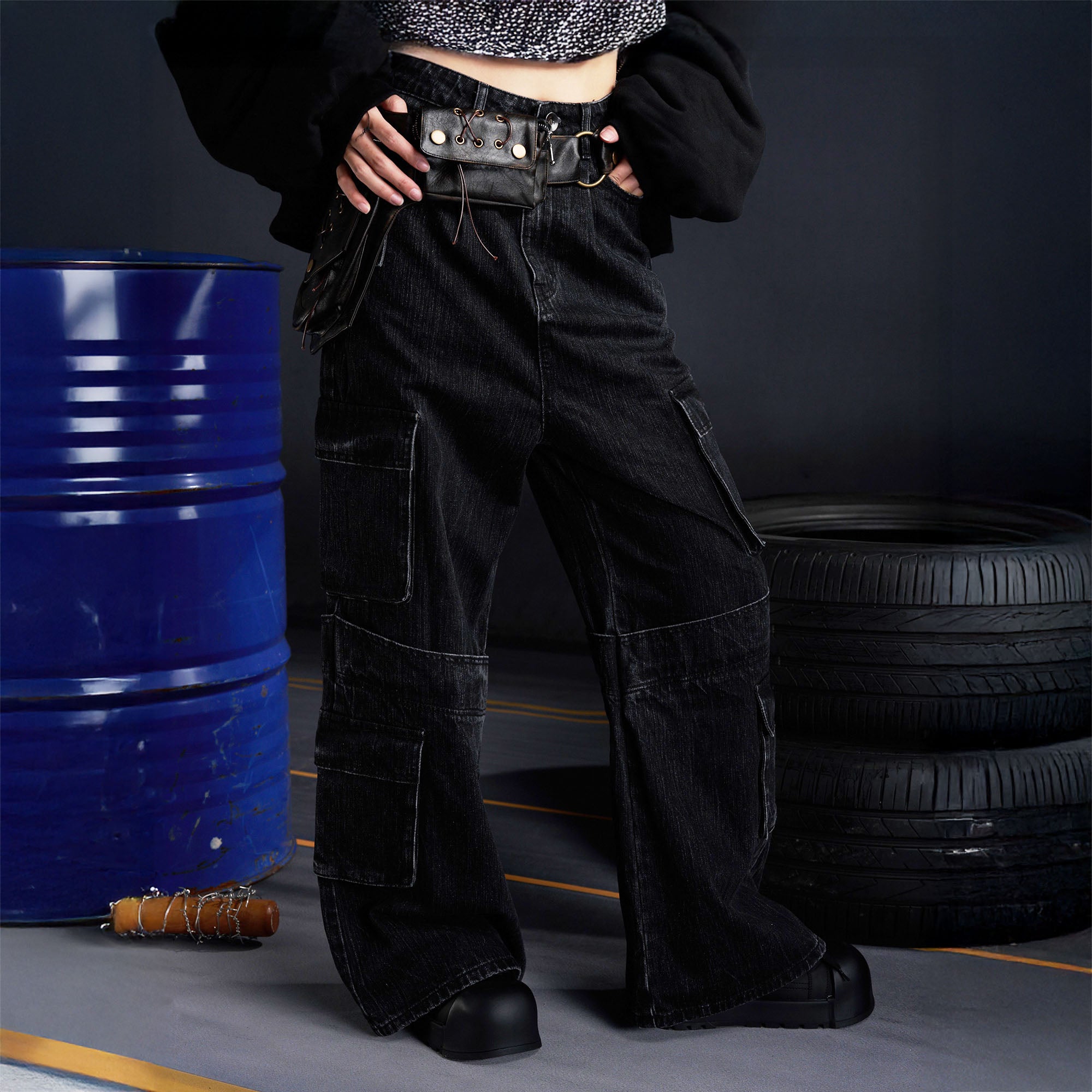 RECOVER ZONE Multi-Pocket Wide-Leg Utility Jeans, premium urban and streetwear designers apparel on PROJECTISR.com, RECOVER ZONE