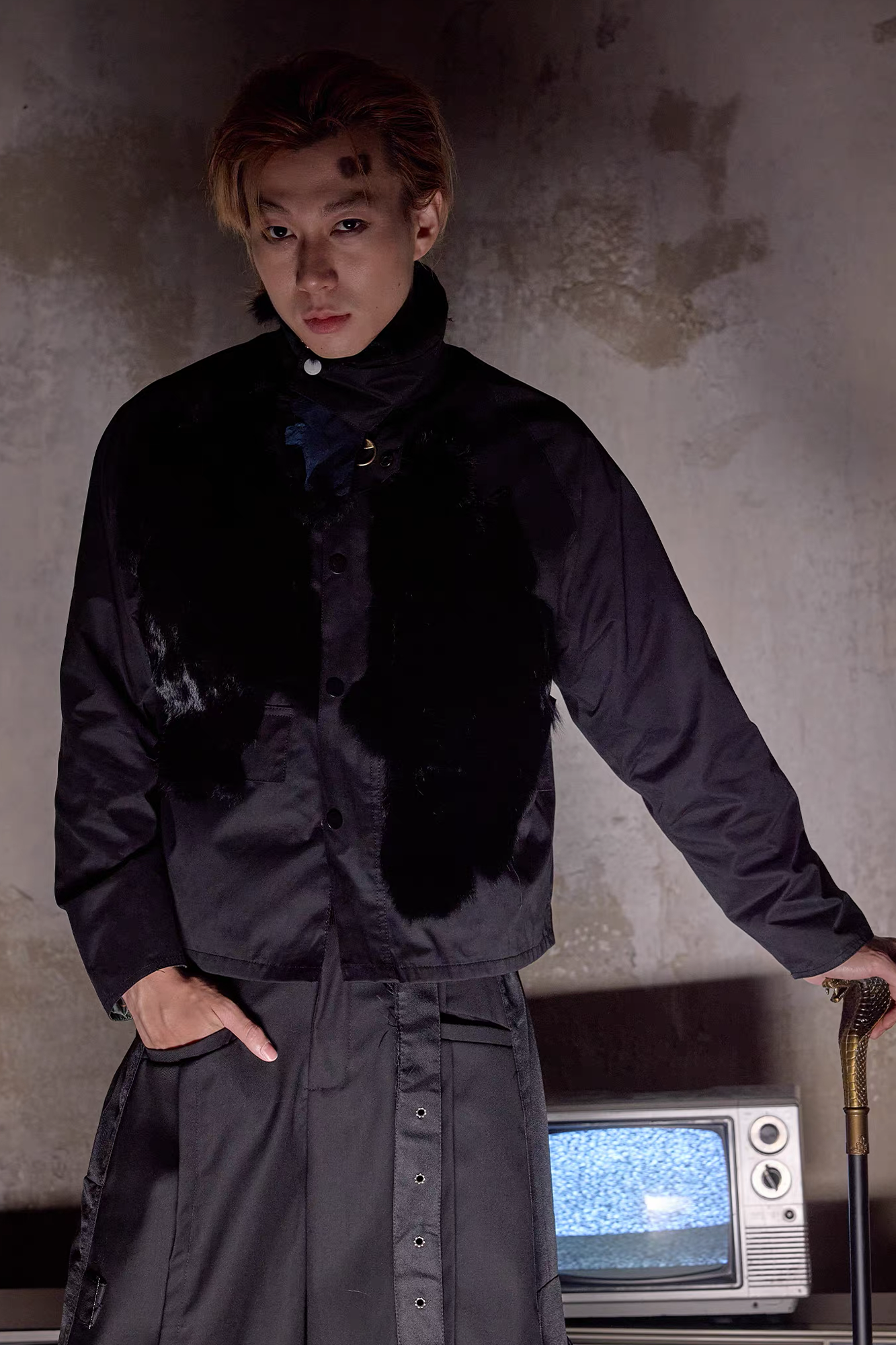 NOTHINGNESS WORLD Mottled Faux Fur Collar Snap-Button Jacket, premium urban and streetwear designers apparel on PROJECTISR.com, NOTHINGNESS WORLD