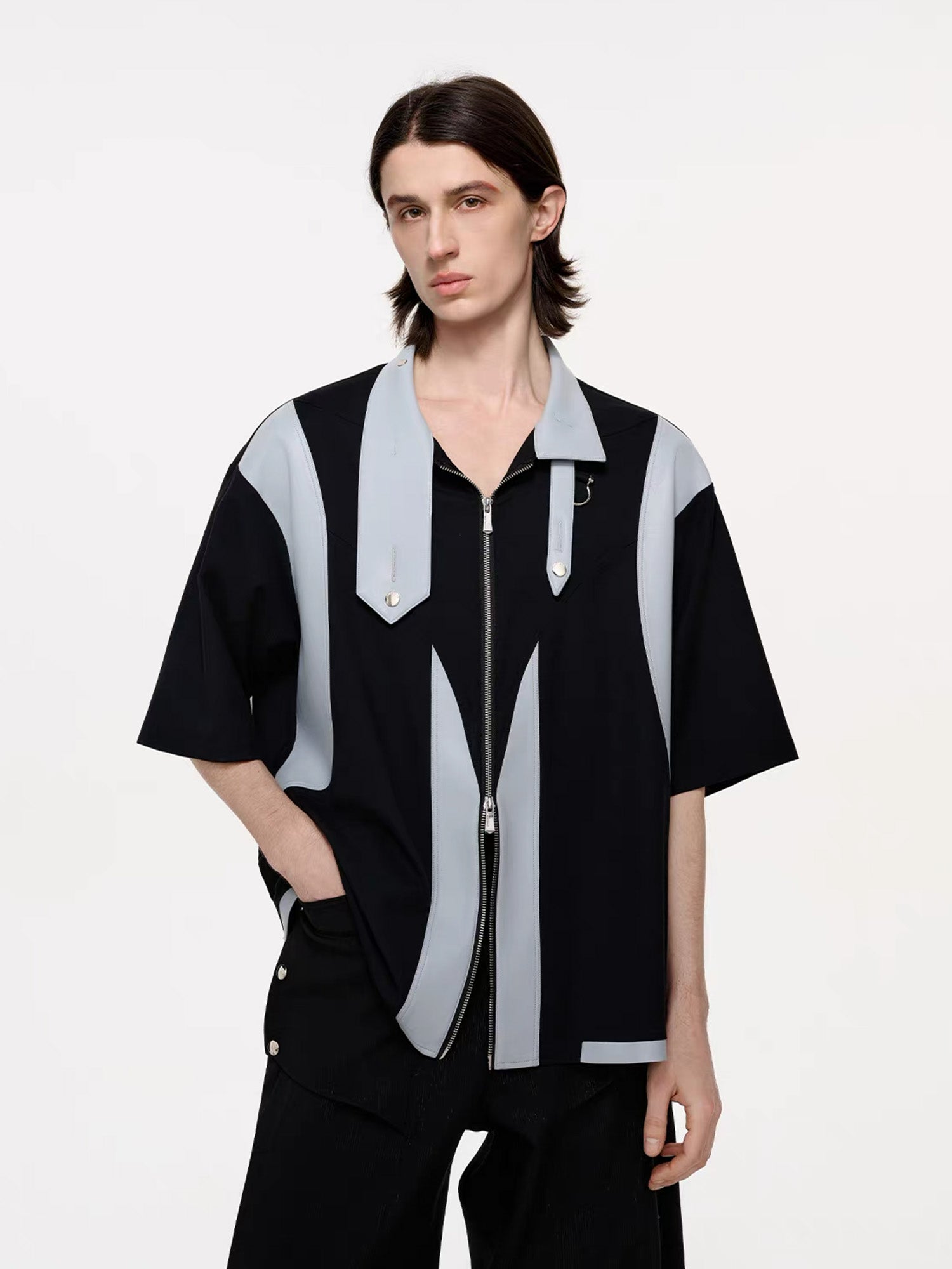 TIWILLTANG Layered-Collar Contrast-Panel Zip-Up Half Shirt, premium urban and streetwear designers apparel on PROJECTISR.com, TIWILLTANG