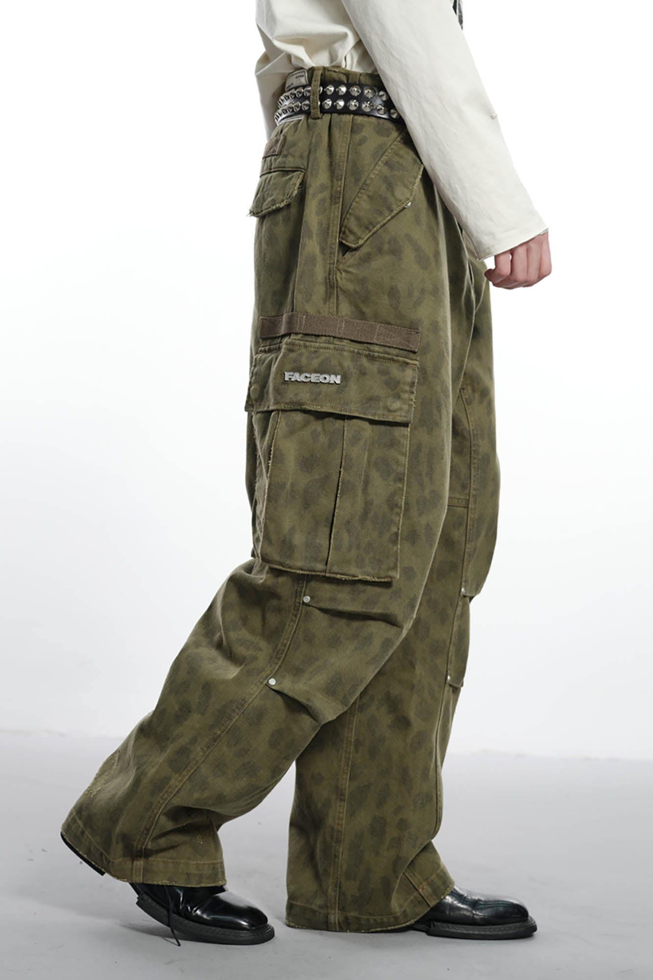 FACEONLAB Camo Leopard Pleated Straight-Leg Cargo Pants, premium urban and streetwear designers apparel on PROJECTISR.com, FACEONLAB