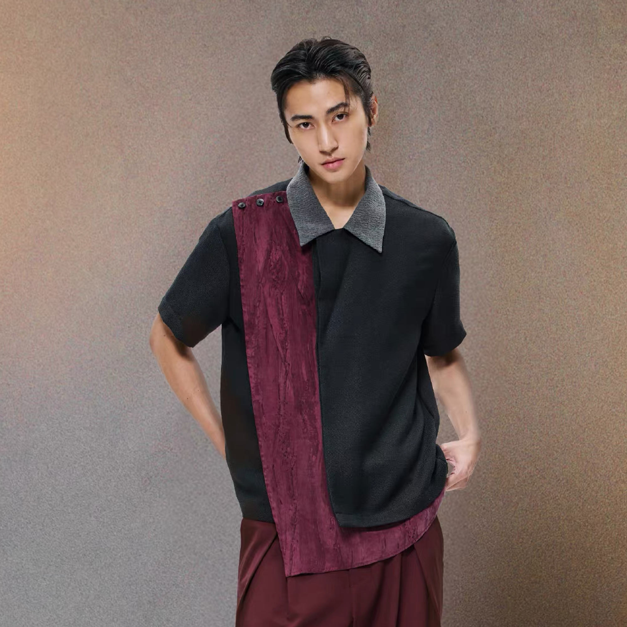 ALVNG AR ANTS Asymmetrical Contrast Spliced Linen Half Shirt, premium urban and streetwear designers apparel on PROJECTISR.com, ALVNG AR ANTS