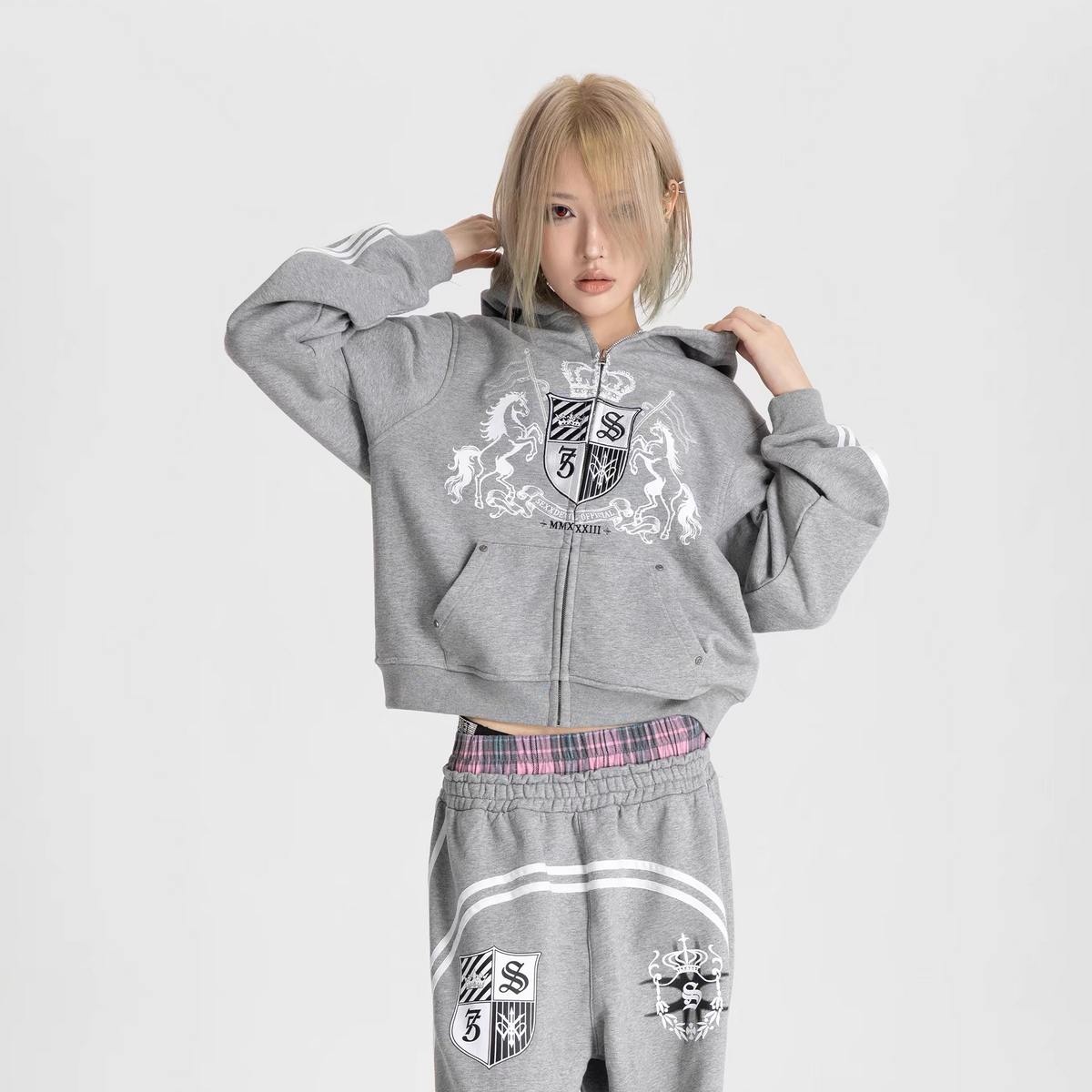 SEXXDEVIL Striped Embroidered Zip-Up Hoodie