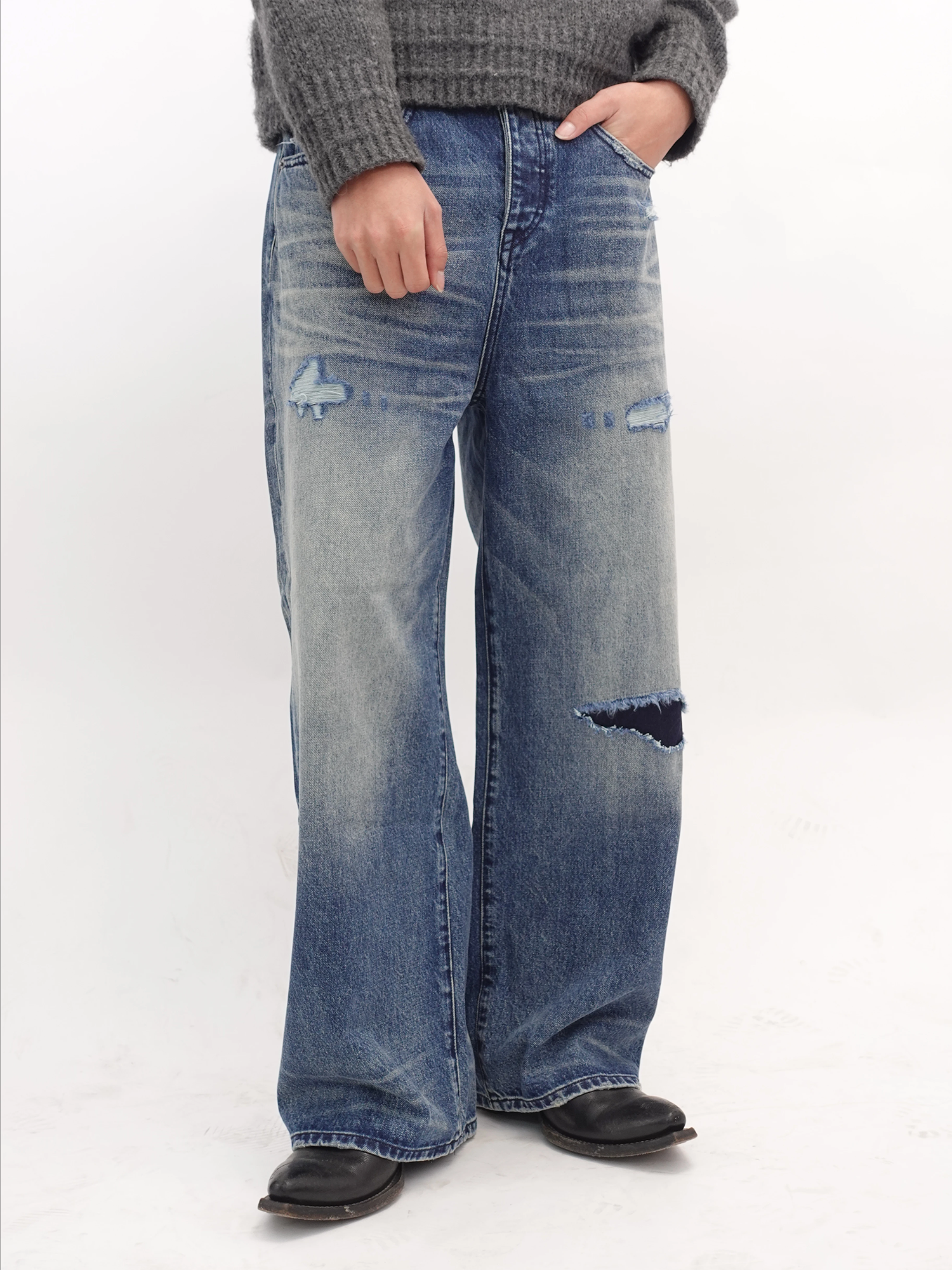 IN EXISTENCE x STM Washed Patched Distressed Straight Jeans, premium urban and streetwear designers apparel on PROJECTISR.com, IN EXISTENCE