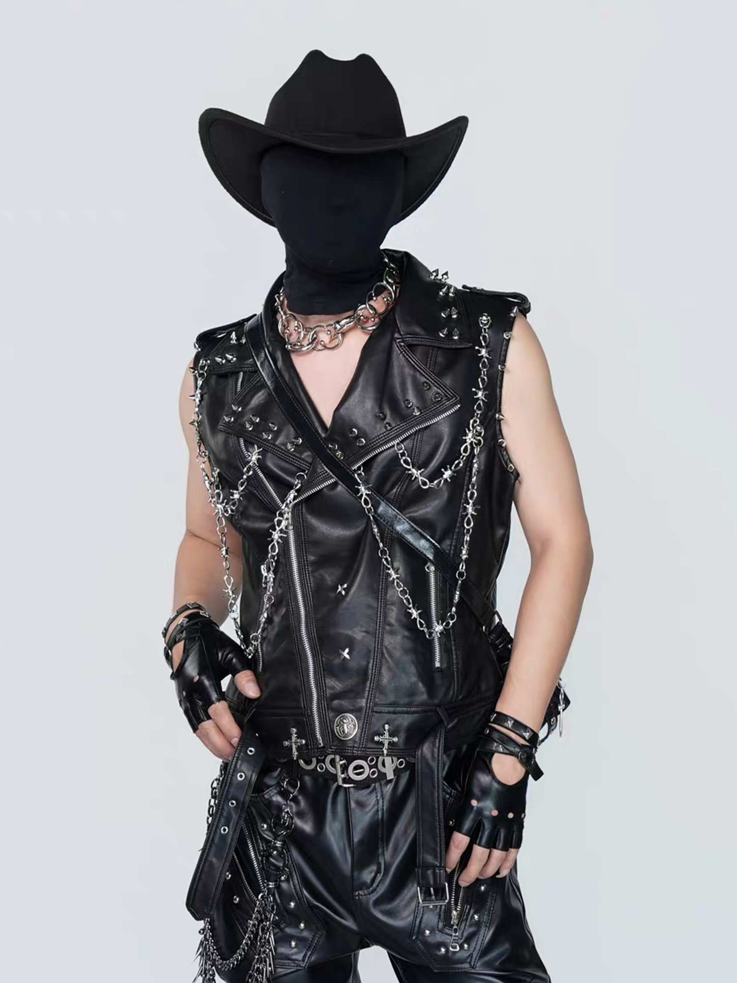 VE2 Thorn Chain Studded Faux Leather Biker Vest