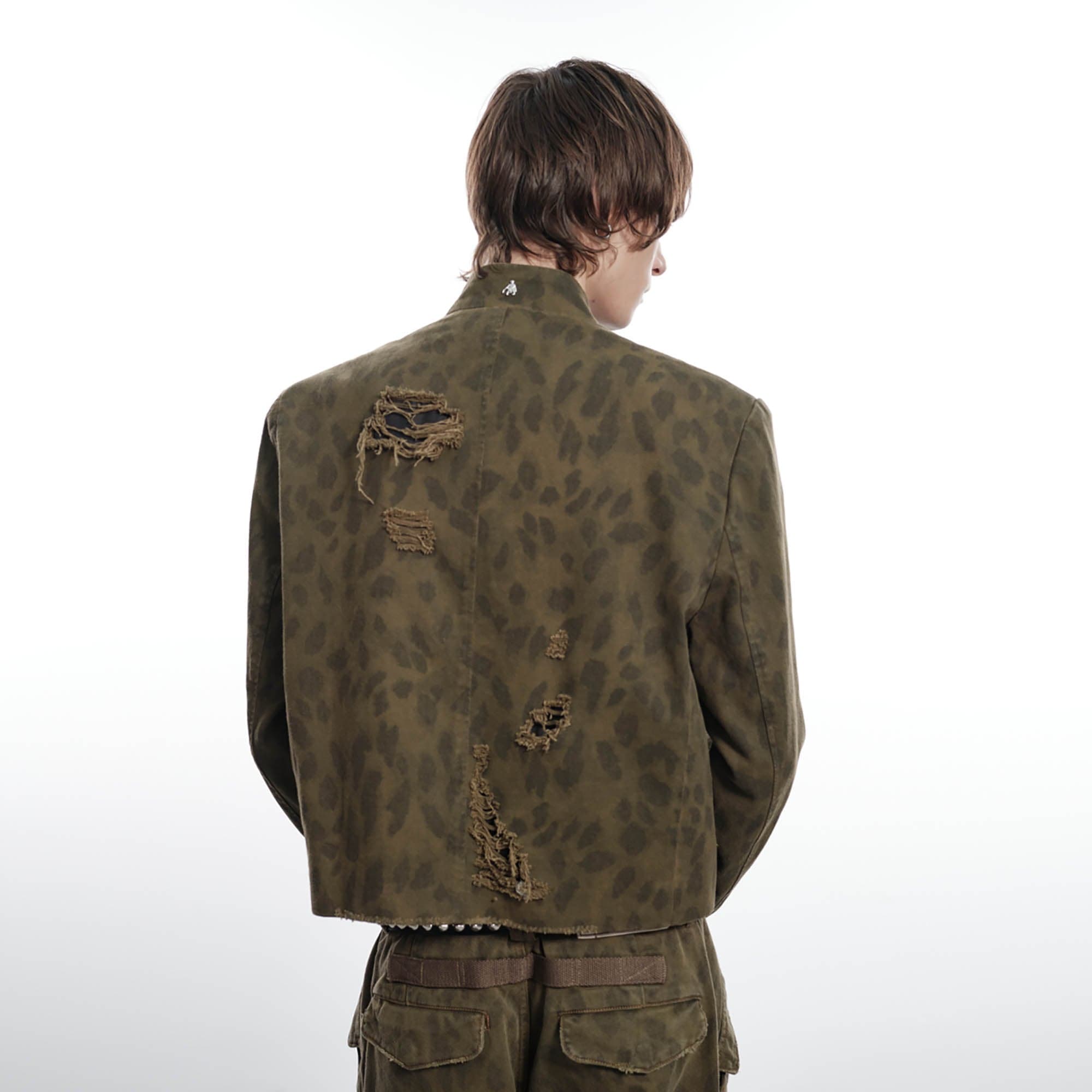 FACEONLAB Camo Leopard Ripped Stand Collar Jacket, premium urban and streetwear designers apparel on PROJECTISR.com, FACEONLAB