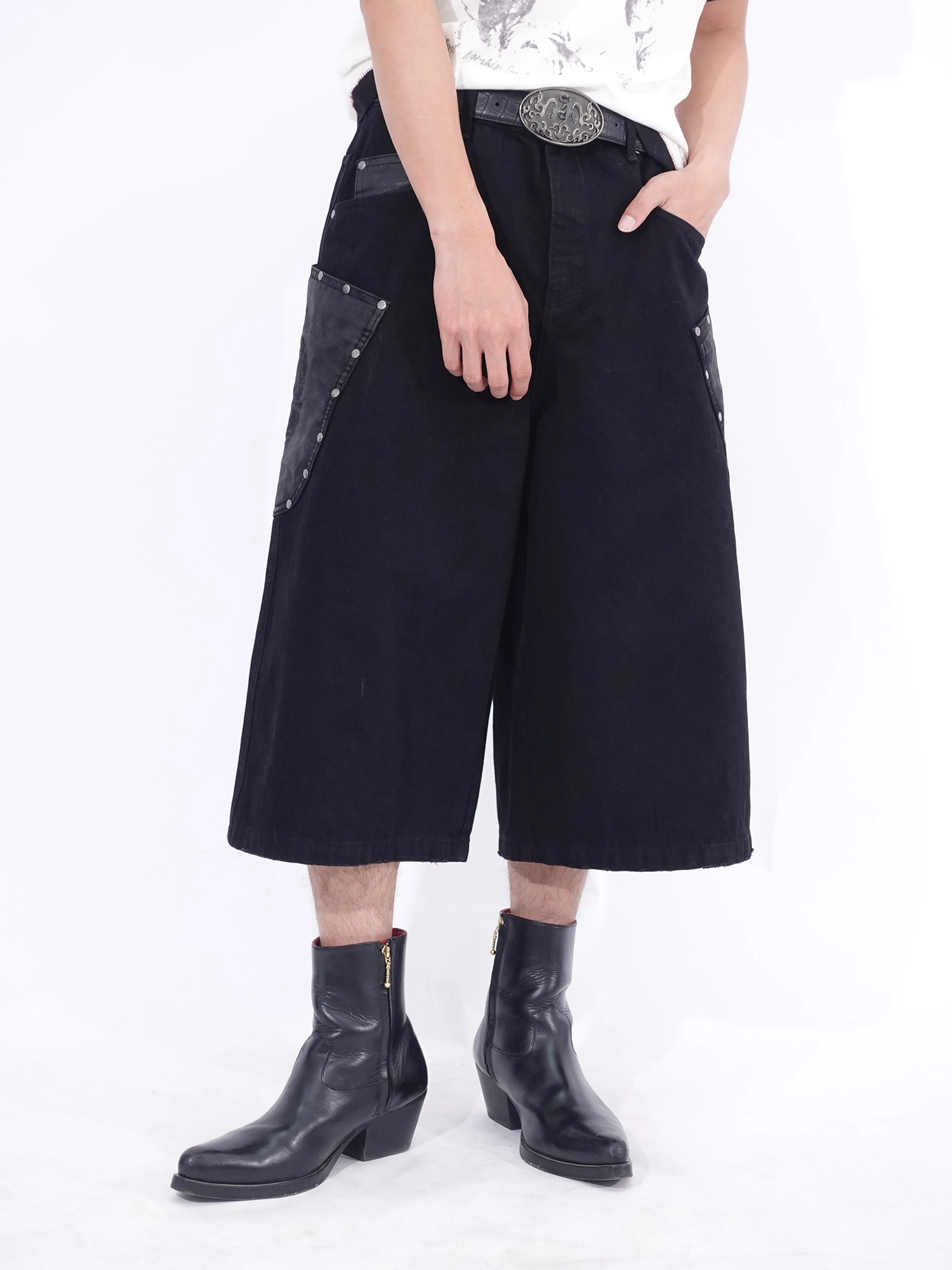 IN EXISTENCE Washed Rivet-Trim Patch Denim Shorts, premium urban and streetwear designers apparel on PROJECTISR.com, IN EXISTENCE