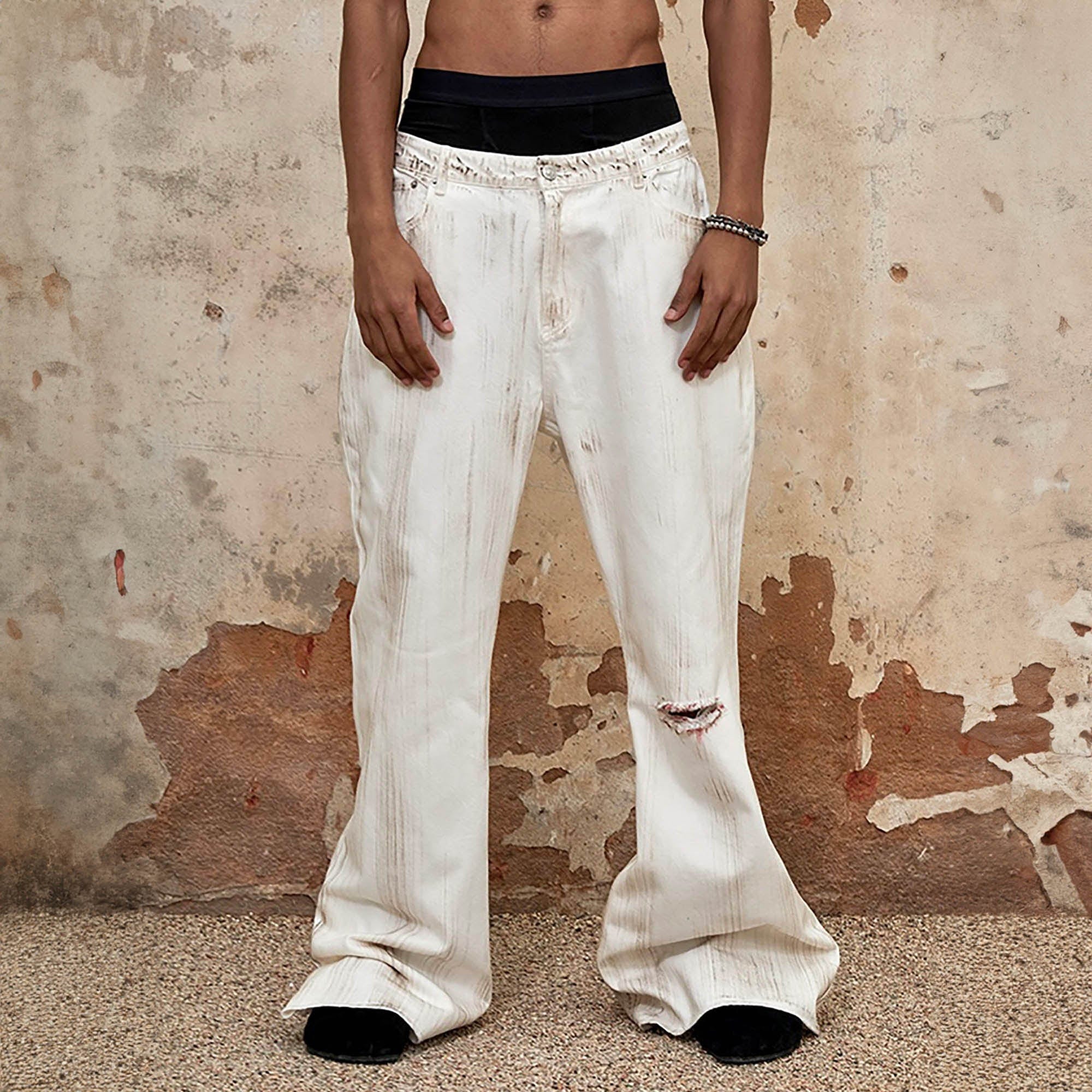 TRIANGLE PROJECT Distressed Crescent Blade Flared Denim Pants, premium urban and streetwear designers apparel on PROJECTISR.com, TRIANGLE PROJECT