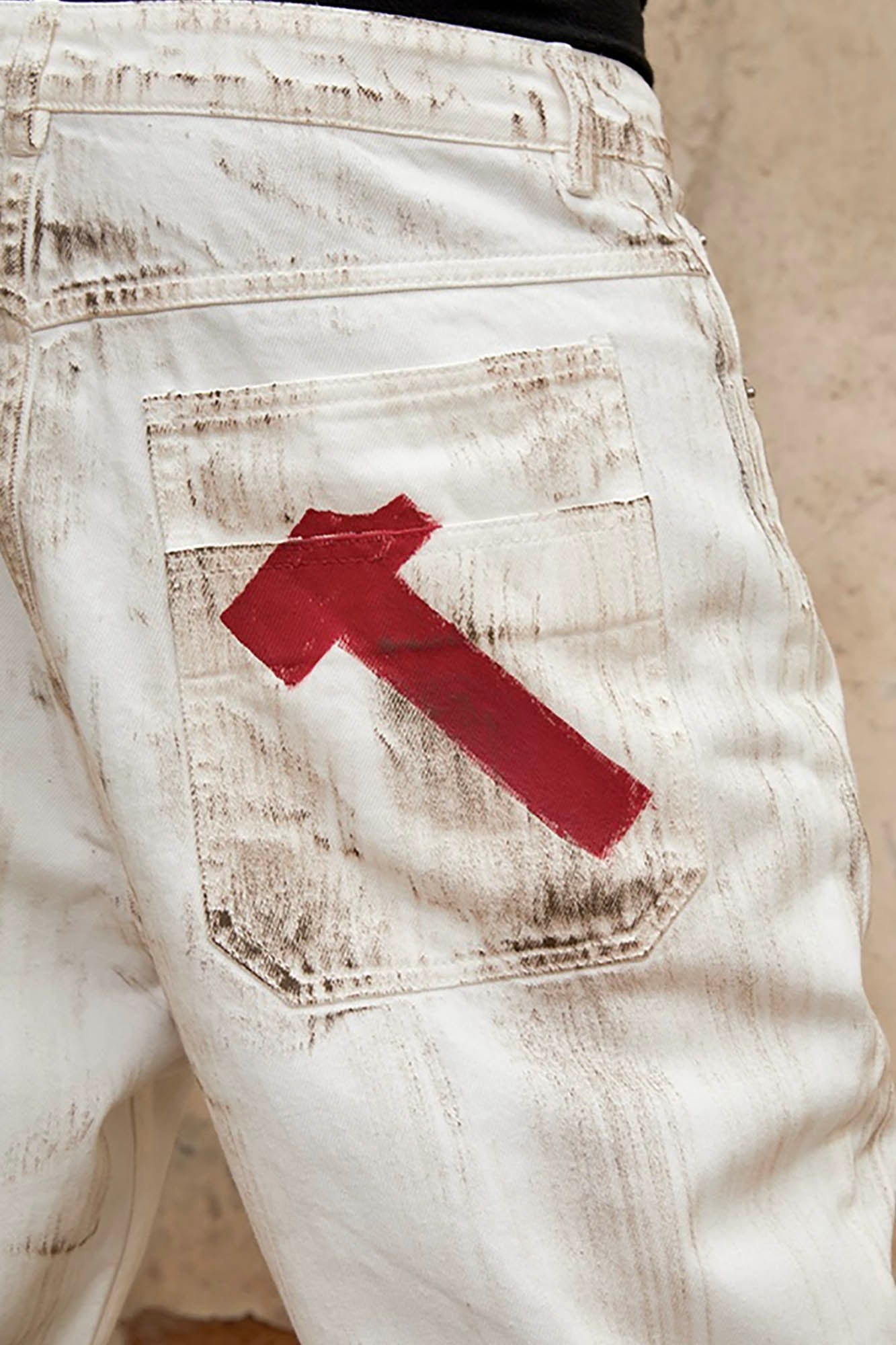 TRIANGLE PROJECT Distressed Crescent Blade Flared Denim Pants, premium urban and streetwear designers apparel on PROJECTISR.com, TRIANGLE PROJECT