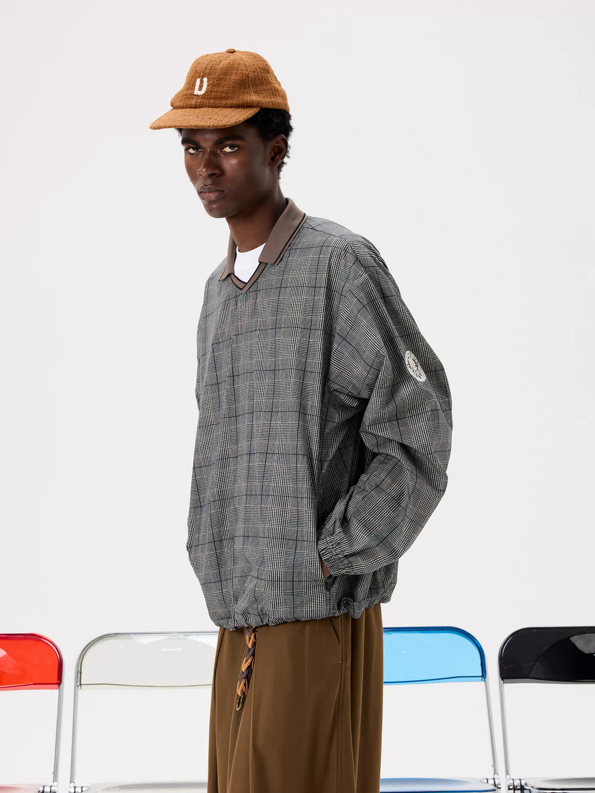 UNLIMITED MOTE Glen Plaid Double-Collar Drawstring Long-Sleeve Shirt, premium urban and streetwear designers apparel on PROJECTISR.com, UNLIMITED MOTE