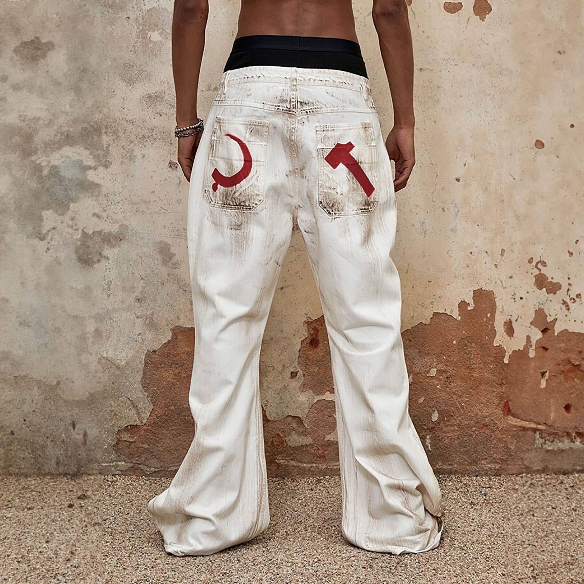 TRIANGLE PROJECT Distressed Crescent Blade Flared Denim Pants, premium urban and streetwear designers apparel on PROJECTISR.com, TRIANGLE PROJECT