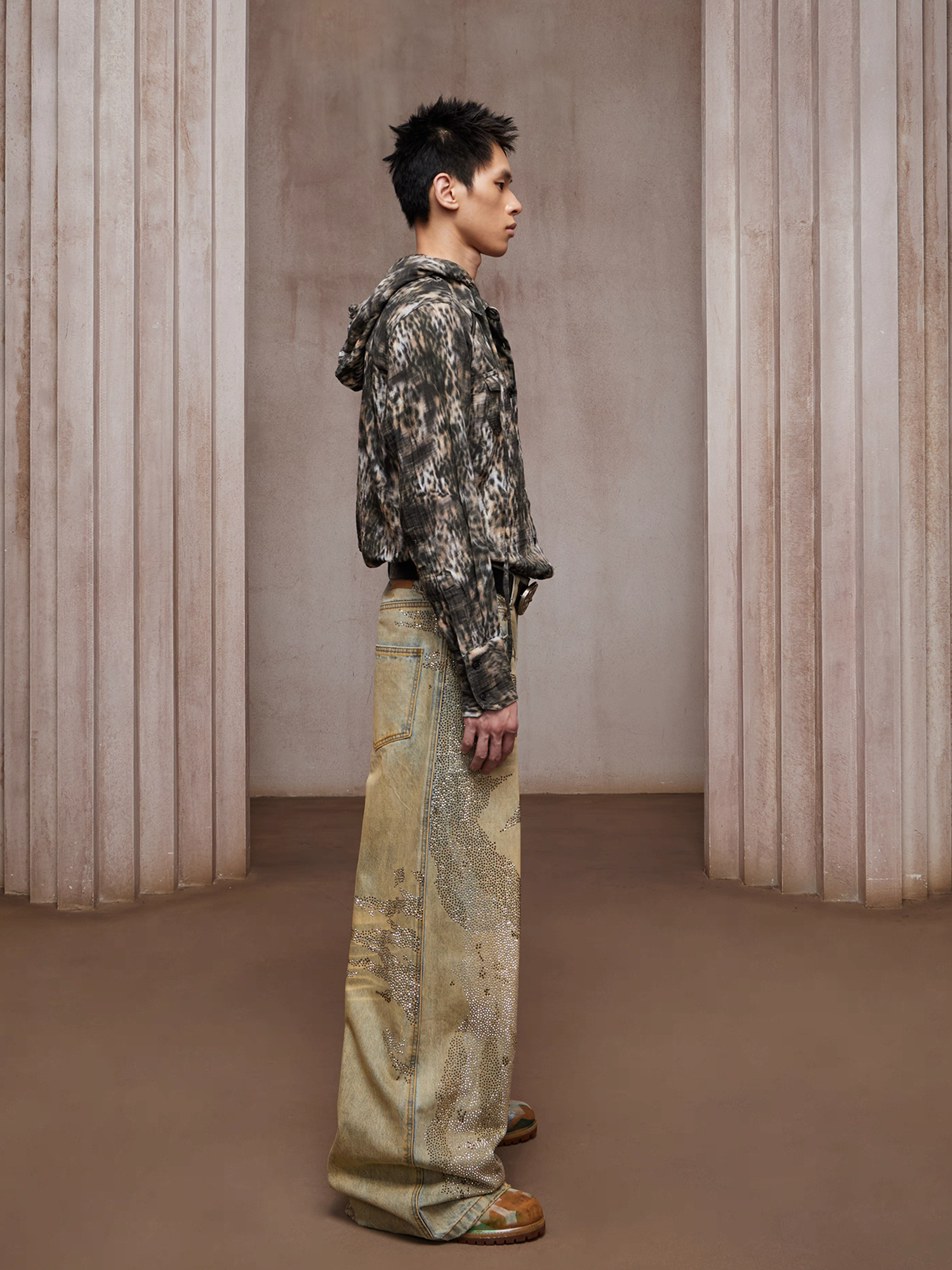 DND4DES Dirty-Washed Diamond Wide-Leg Jeans Yellow