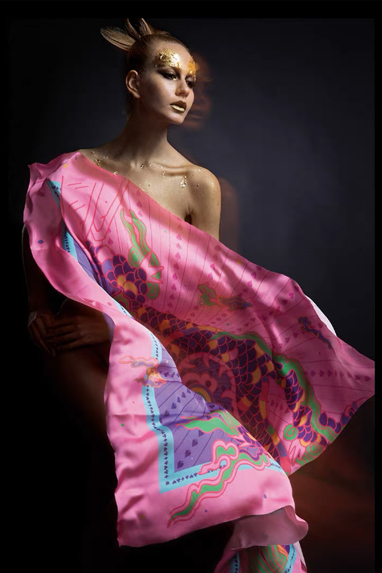 MASH UP ASIA Multicolor Dragon Burst Full-Print Square Scarf, premium urban and streetwear designers apparel on PROJECTISR.com, MASH UP ASIA