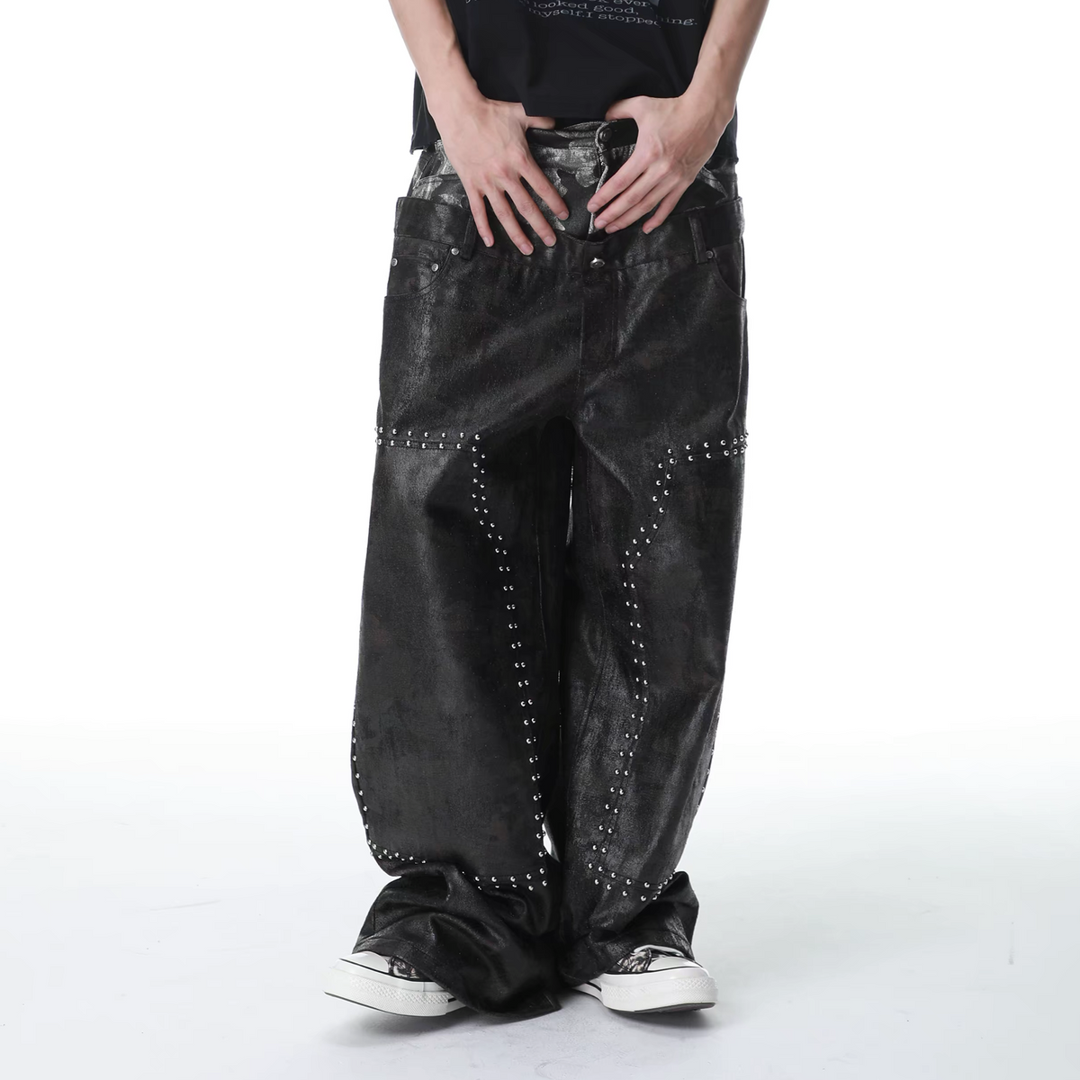 SEXXDEVIL Camo Washed Spliced Studded Jeans