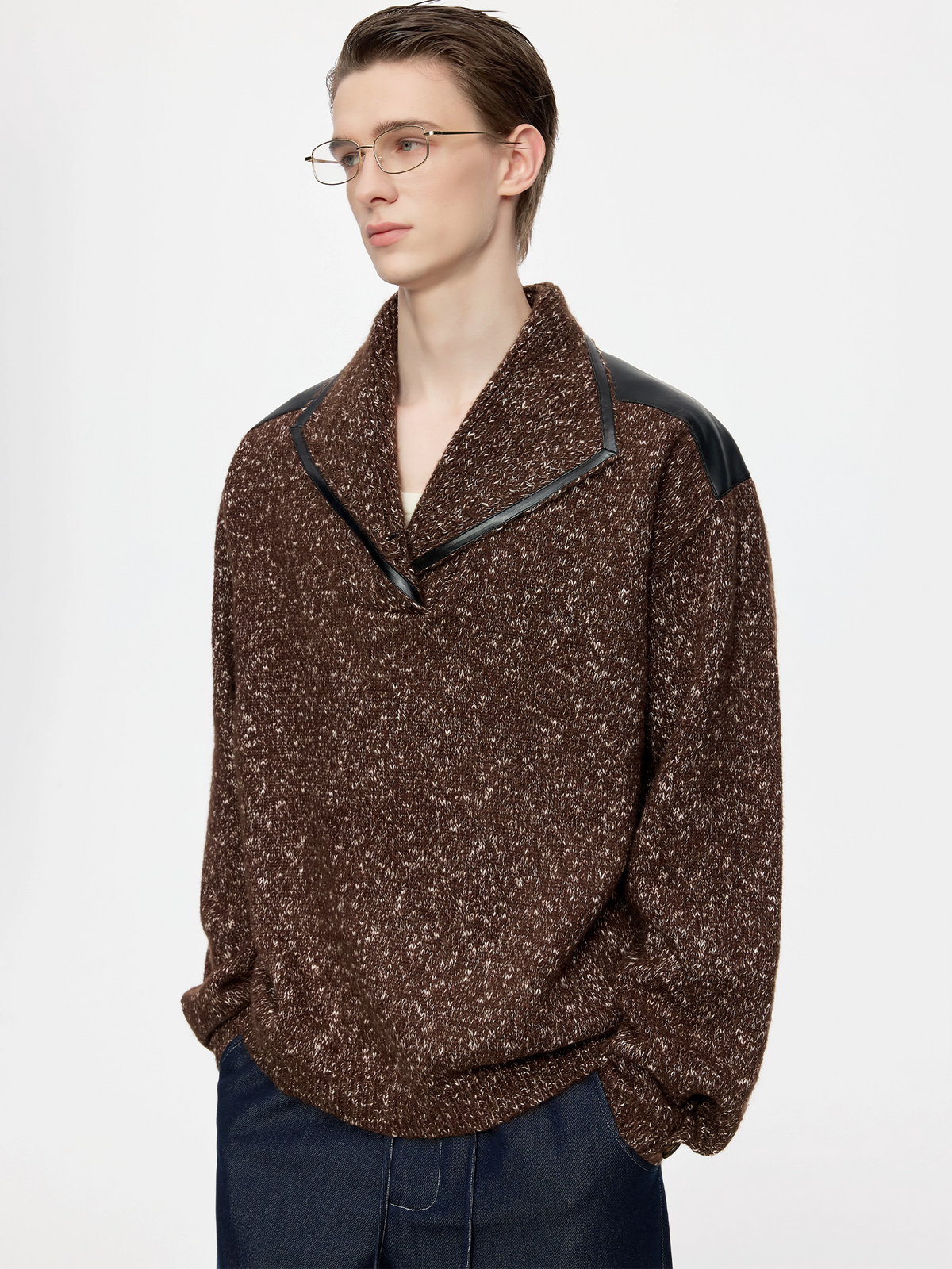 TIWILLTANG Spliced Faux Leather Dot-Yarn Fold Collar Sweater