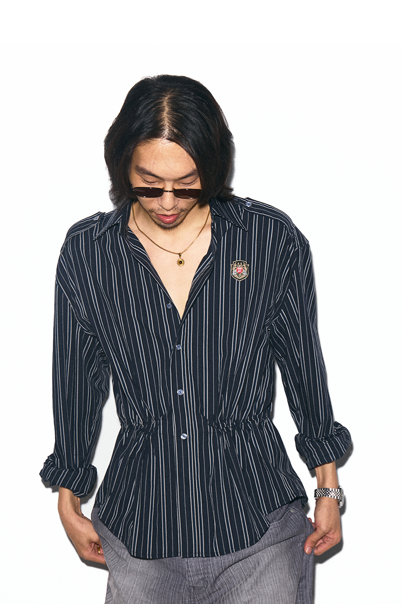 TRECLUB Striped Embroidered Drawstring-Waist Shirt