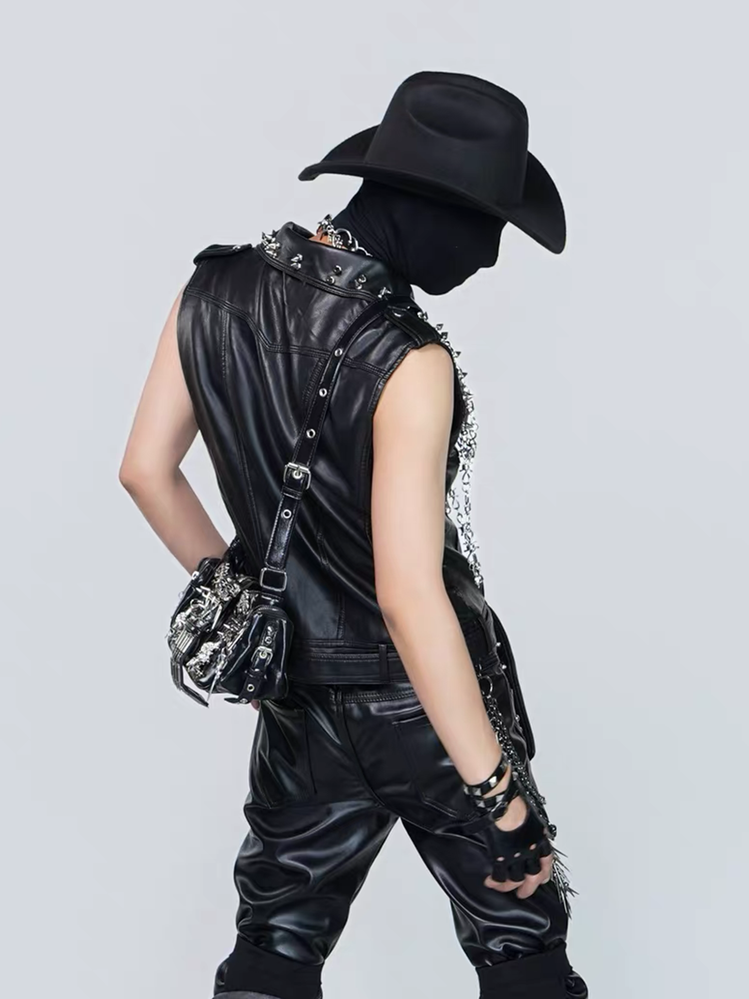 VE2 Thorn Chain Studded Faux Leather Biker Vest