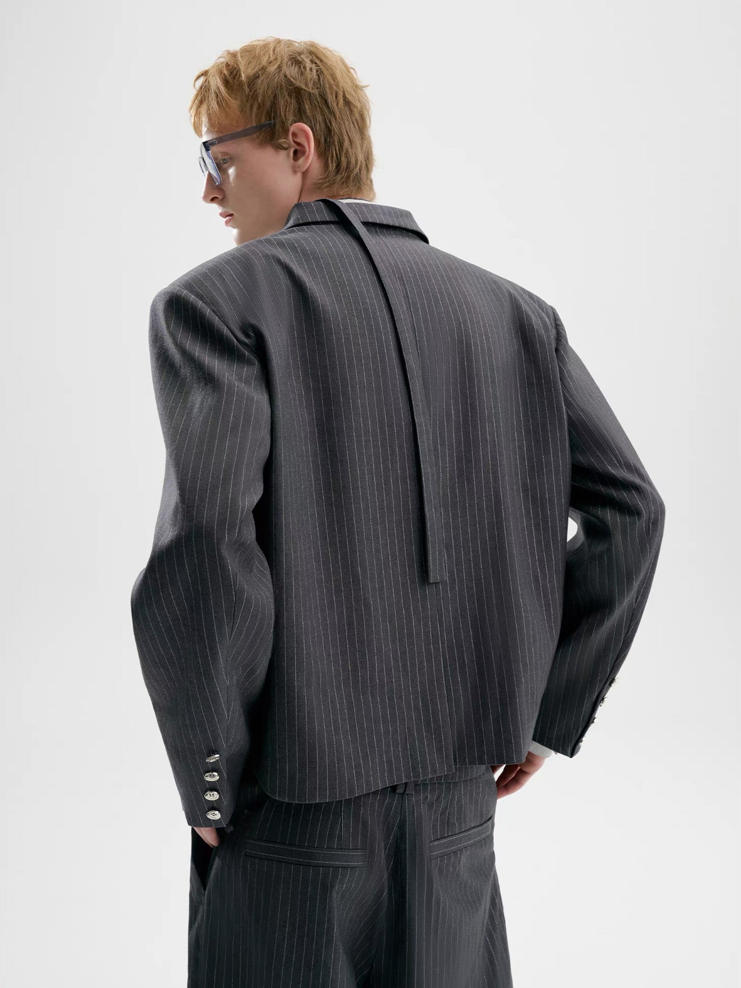 TIWILLTANG Cropped Pinstripe Strap Blazer, premium urban and streetwear designers apparel on PROJECTISR.com, TIWILLTANG