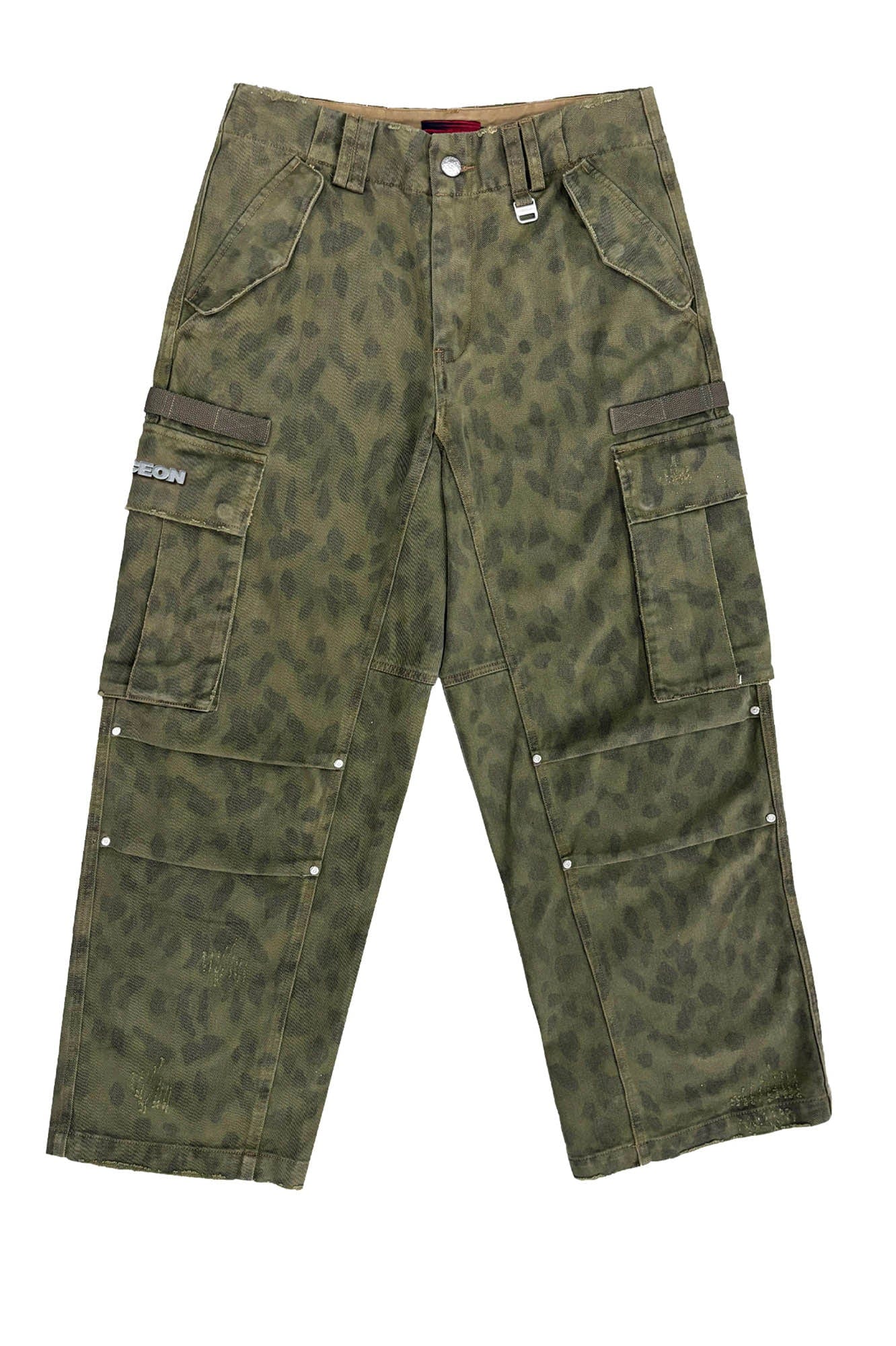 FACEONLAB Camo Leopard Pleated Straight-Leg Cargo Pants, premium urban and streetwear designers apparel on PROJECTISR.com, FACEONLAB