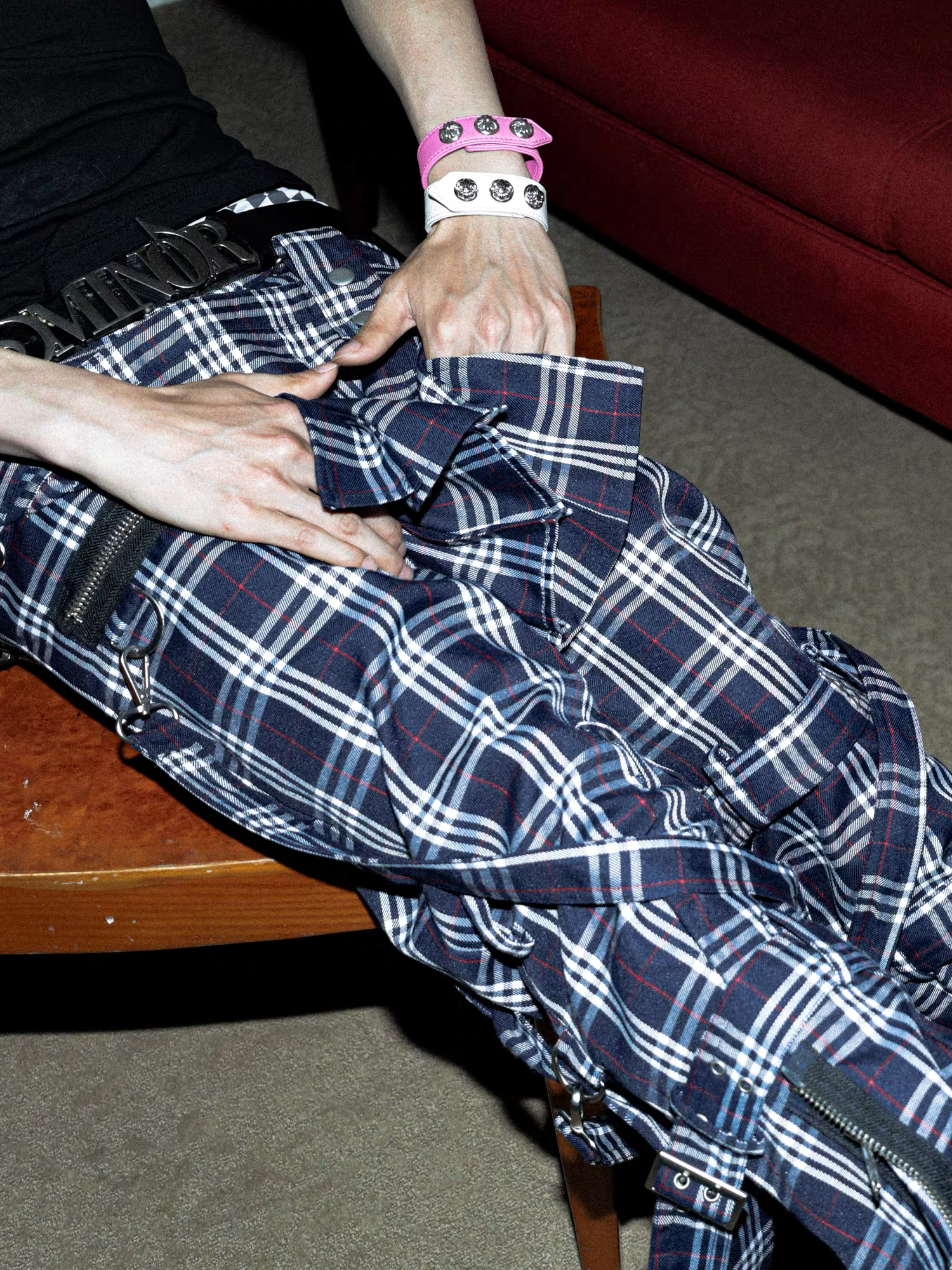PCCVISION Detachable Skirt Panel Strap-Zip Plaid Flared Pants, premium urban and streetwear designers apparel on PROJECTISR.com, PCCVISION